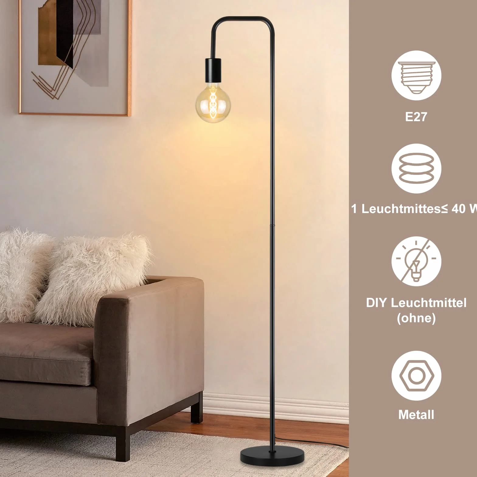 CBJKTX Lampa podłogowa Vintage do salonu - Czarna lampa podłogowa z | włącznikiem nożnym, metalowy design przemysłowy, lampa do salonu, sypialni, biura.