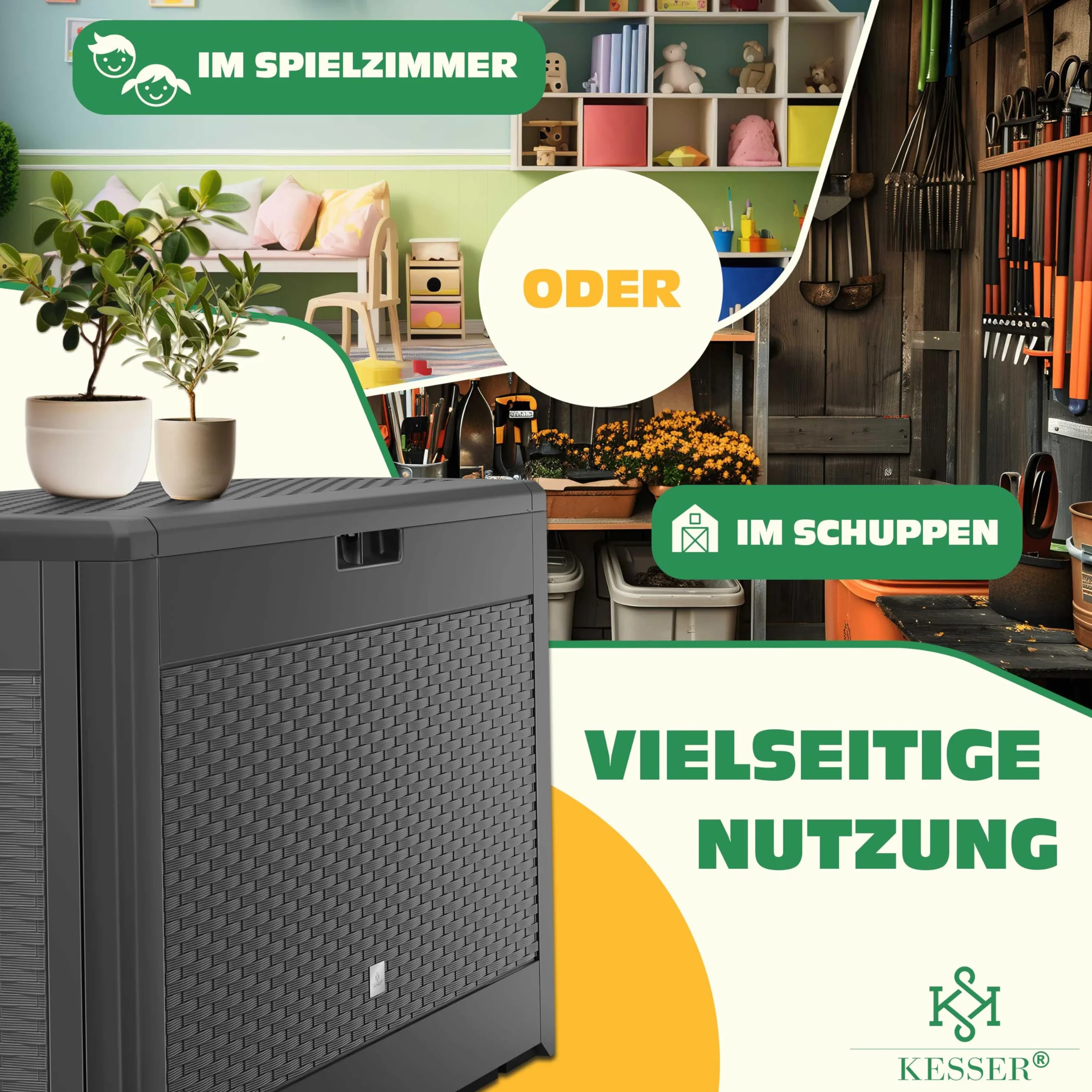 KESSER Skrzynia na poduszki, system zatrzaskowy, z kółkami i uchwytami, pokrywka z automatycznym podnoszeniem, zamykana, do 290 kg, skrzynia ogrodowa, wodoodporna, uniwersalna skrzynka na poduszki