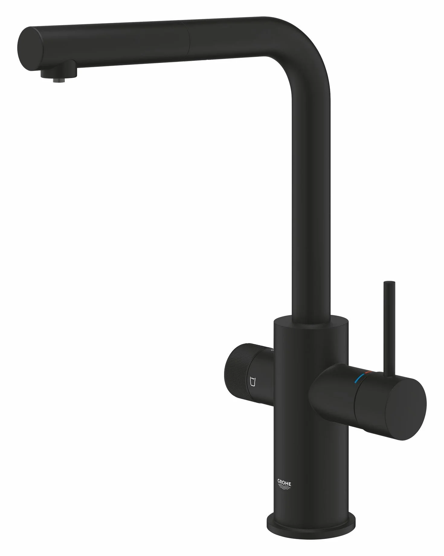 GROHE Blue Pure Minta – 3-kierunkowy wyciągany kran z filtrem wody L-wylewka, obszar obrotowy 360°, dedykowany uchwyt filtra, wkład ceramiczny 28 mm, ogon 3/8 cala, potrzebuje zestawu startowego