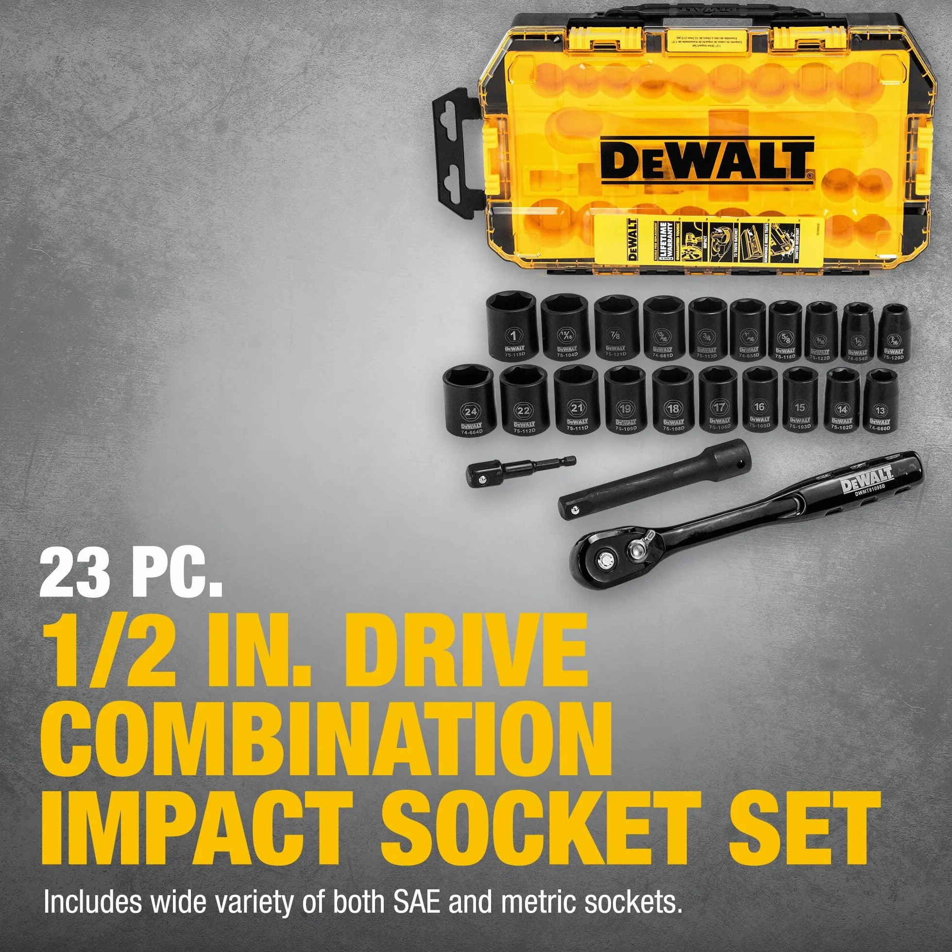 DEWALT Zestaw nasadek udarowych z grzechotką, napęd metryczny/SAE, 1/5.1 cm, 23-częściowy zestaw z etui (DWMT74739)