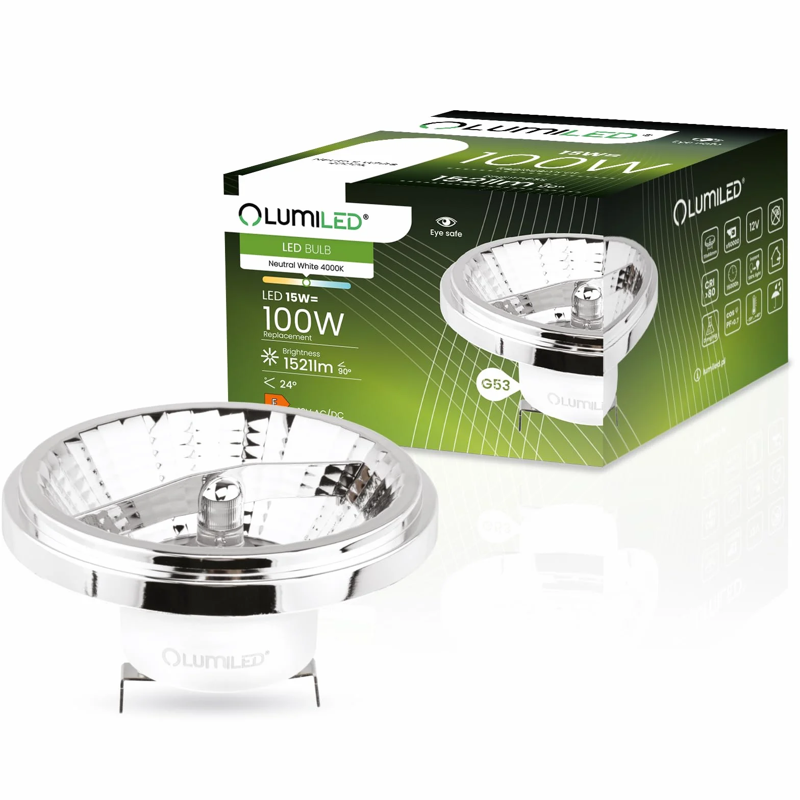 Żarówka LED G53 Reflektor AR111 15W = 100W 1521lm 4000K Neutralna 24° 12V Srebrna LUMILED