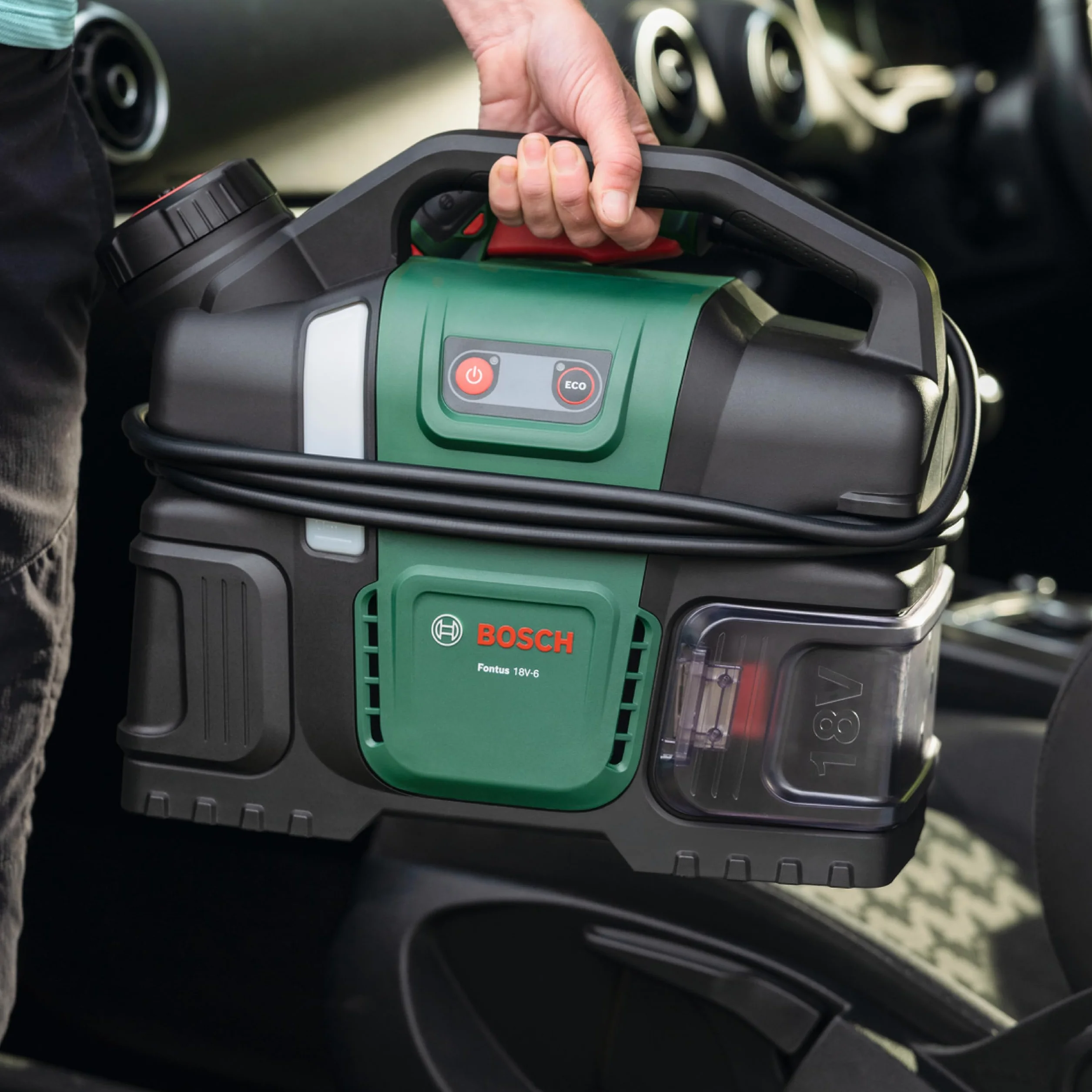 Bosch Fontus 18 V-6 myjka ciśnieniowa do rowerów (mobilna, mini, 6-litrowy zbiornik na wodę, 8 poziomów ciśnienia, przechowywanie węża i pistoletu, akumulator onhe)