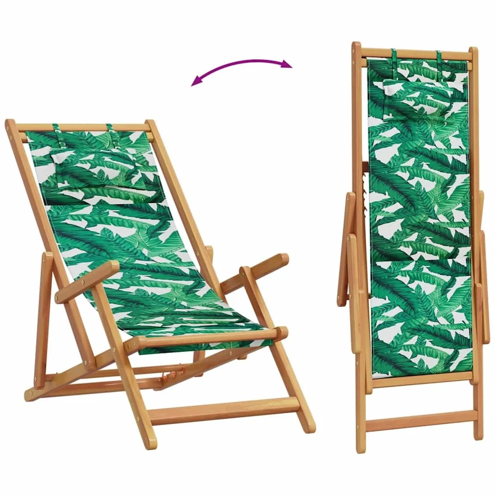 vidaXL Składane krzesło plażowe, wzór w liście, eukaliptus i tkanina