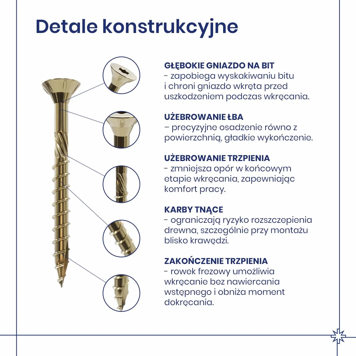 Marcopol Wkręty do drewna z łbem wpuszczanym 8 x 100 mm 50 sztuk TX40 żółte ocynkowane - śruby z łbem wpuszczanym z napędem Torx - śruby z końcówką frezującą, nacięciami tnącymi, frezarką nawiercaną i