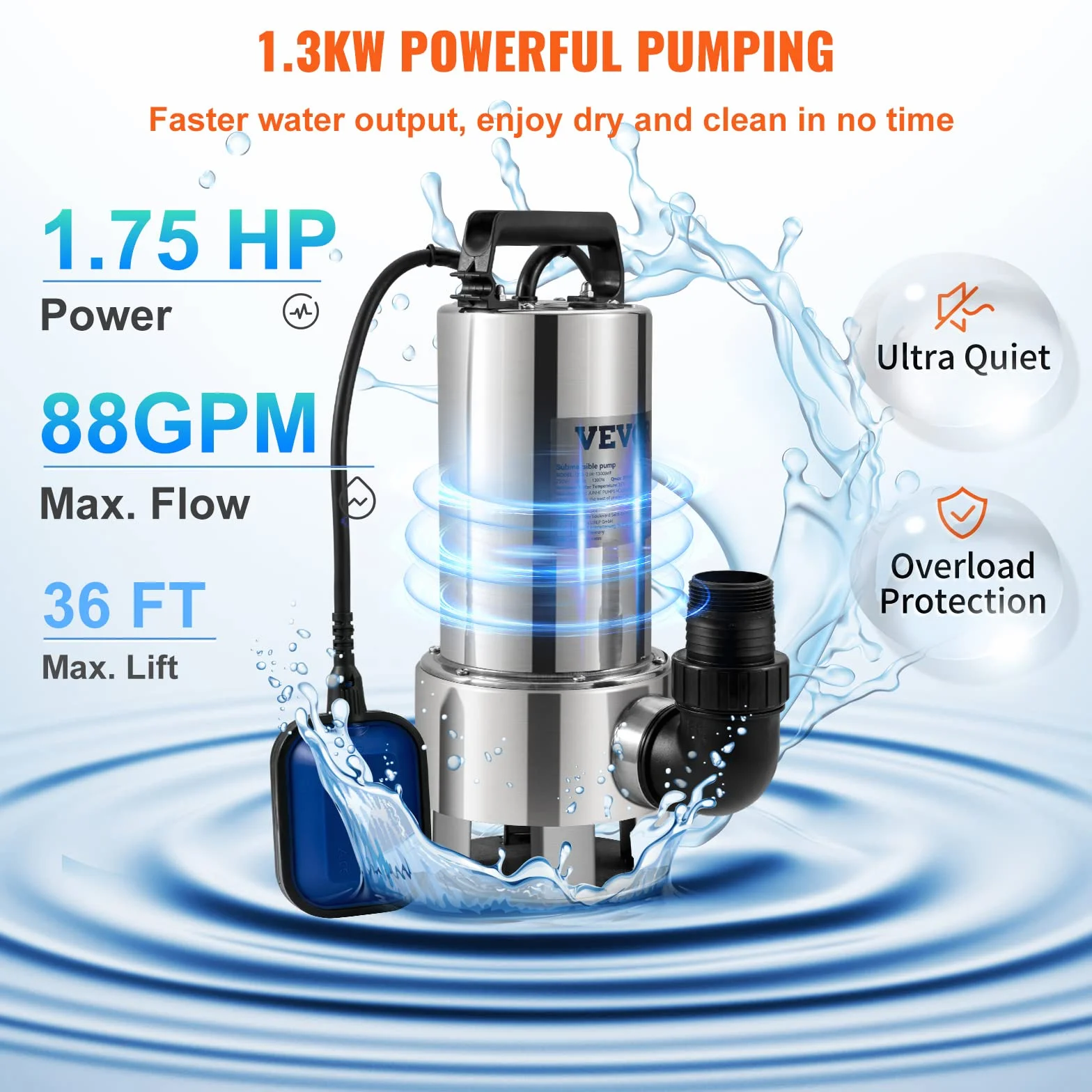 VEVOR Pompa do podnoszenia wody naładowanej 1300 W, pompa odprowadzająca wodę naładowaną, 333,3 l/min, pompa zanurzeniowa, do basenu, piwnicy, szamba z adapterem odprowadzającym do pompowania brudnej