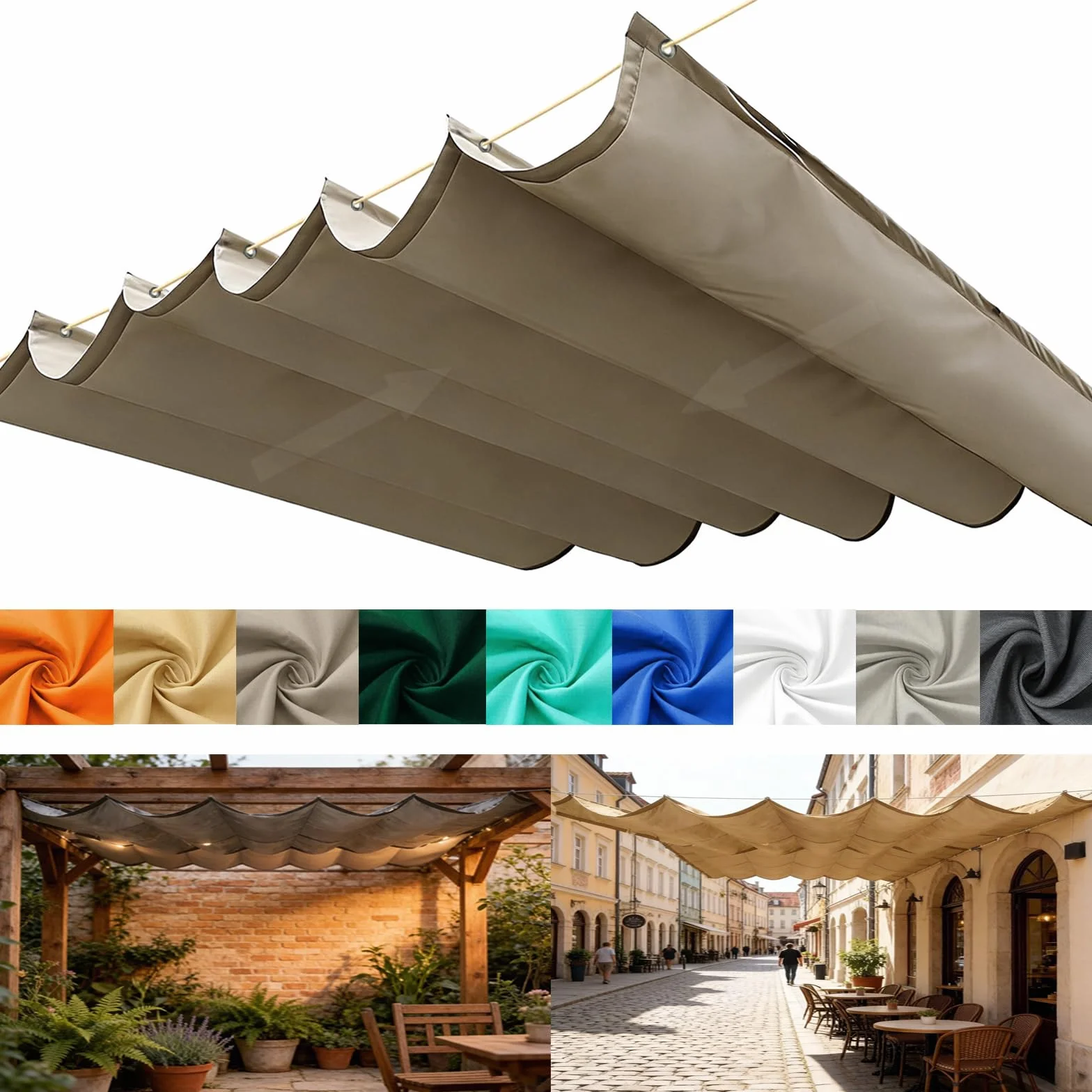 Rozwijany żagiel przeciwsłoneczny Wave, baldachim markizy Wave z oczkami i linką, regulowana osłona przeciwsłoneczna, wodoodporna pergola zewnętrzna do ogrodu, patio, trawnika-Khaki||50x400cm