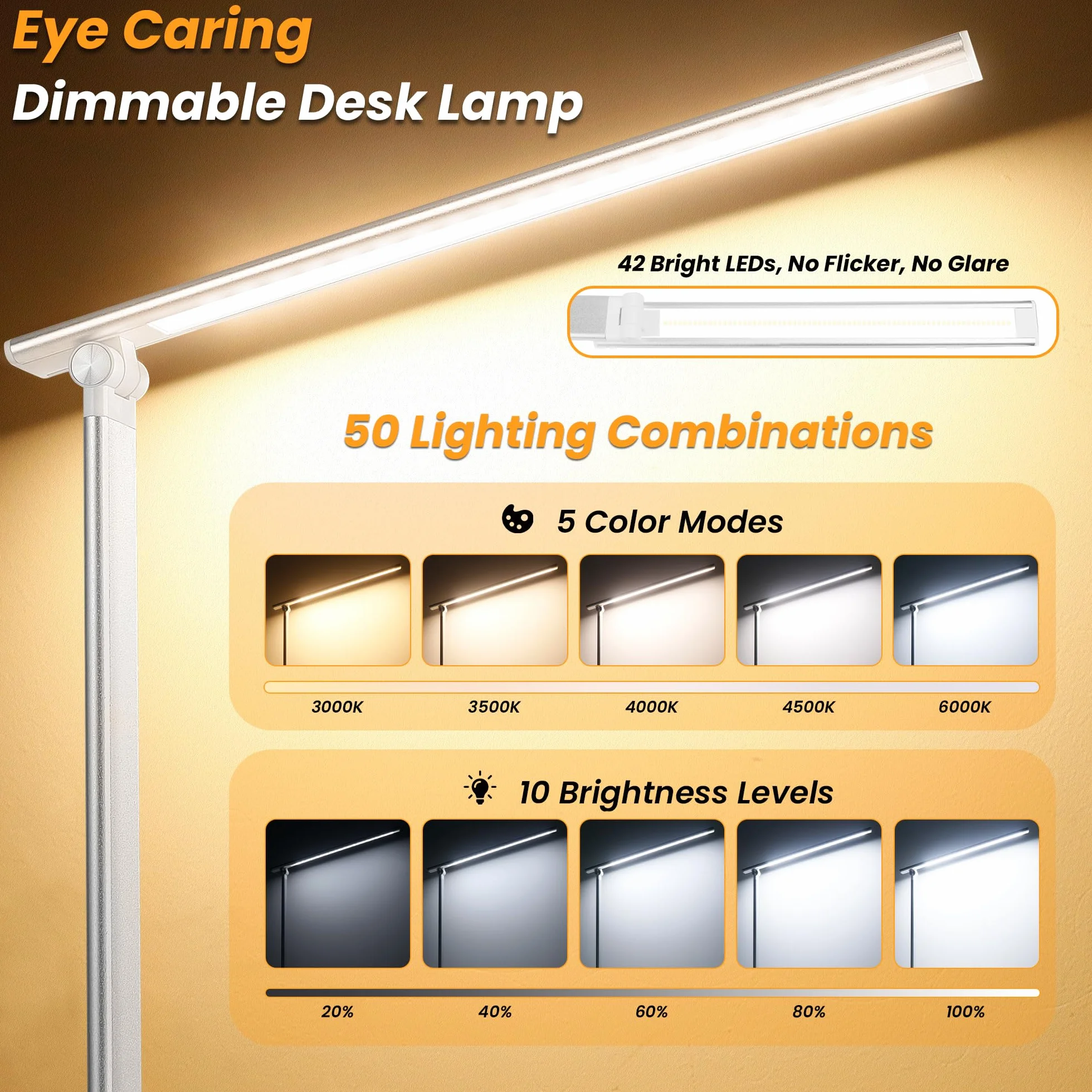 Akynite Lampa biurkowa LED z możliwością przyciemniania ochrona oczu z portem ładowania USB adapter 2 A w zestawie lampka do czytania, 5 kolorów i 5 jasności, dotykowa lampa stołowa dla dzieci