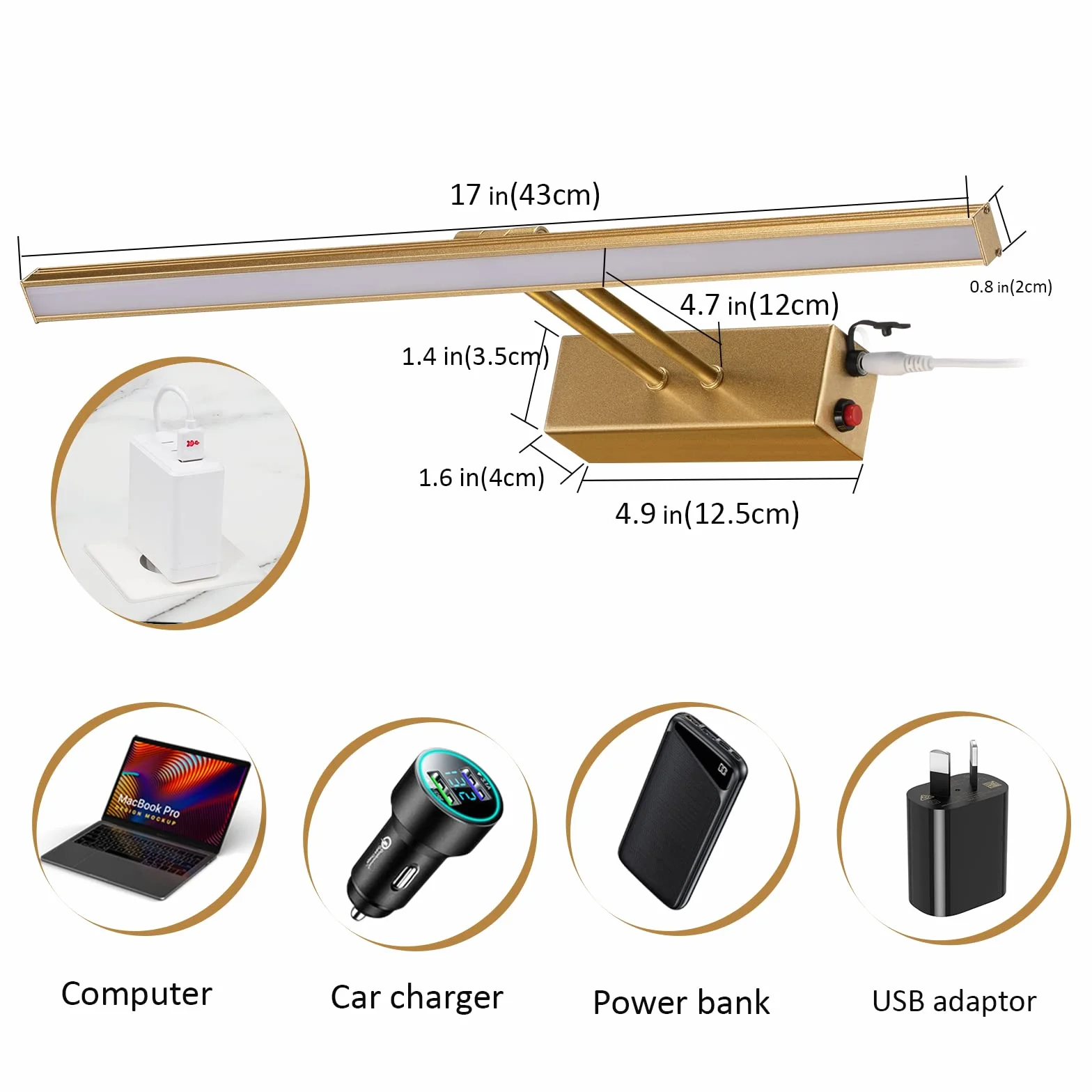 Lampa ścienna LED, 17" całe metalowe oświetlenie wielokrotnego ładowania, bezprzewodowa lampa LED do rzutek, malowane lustro, rama, dzieło sztuki, lustro, 5500 k, 220 lm, złota
