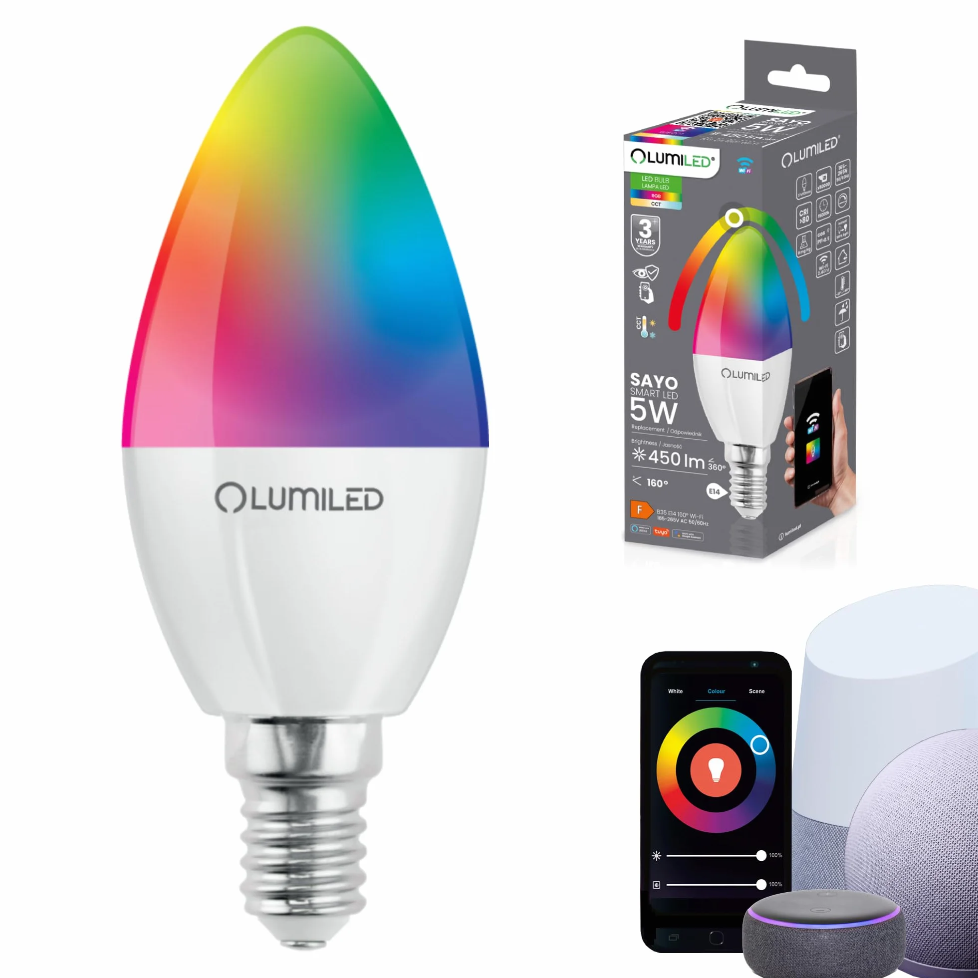 Lumiled Smart SAYO B35 żarówka LED E14 5 W (40 W) 450 lm, Wi-Fi, ściemniana, wielokolorowa, RGBW, Wi-Fi, timer, Smart Home, 16 mln kolorów, sterowanie za pomocą aplikacji, kompatybilna z Amazon Alexa