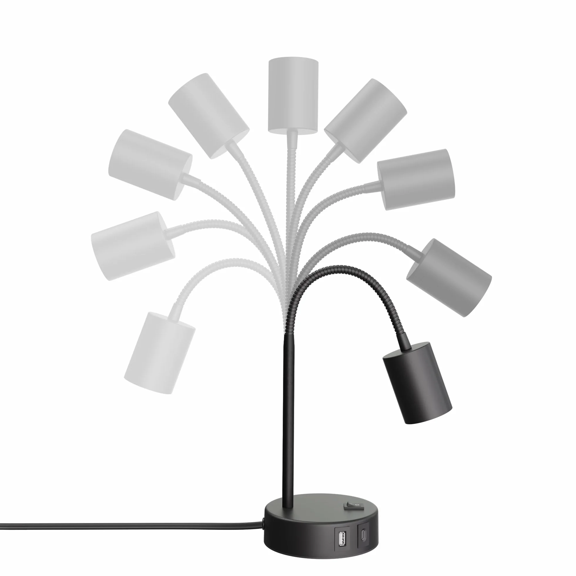 ledscom.de 2x lampa stołowa WAIKA, giętka szyjka, przełącznik, okrągła, czarna, USB-A, USB-C, 1x GU10 maks. 15 W