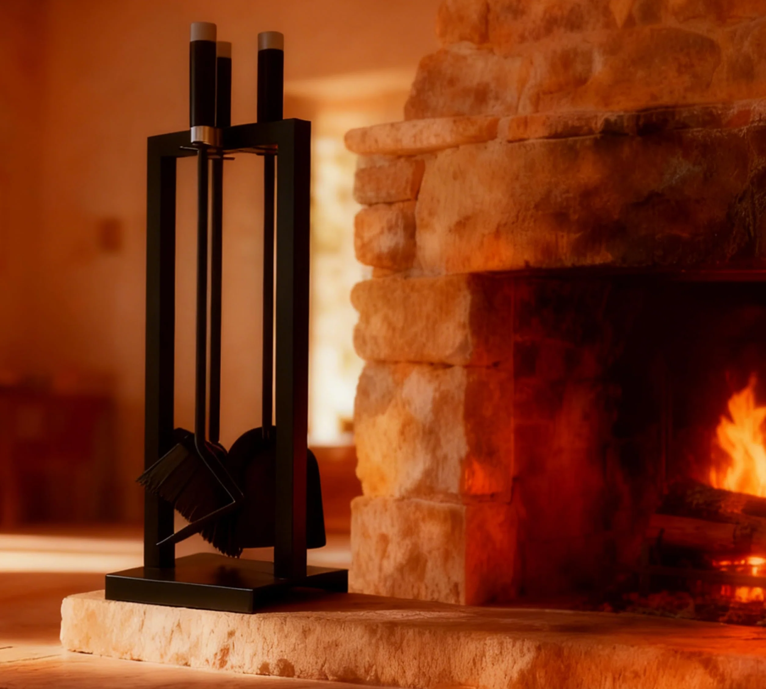 Kingson Fireside Companion – 3-częściowy zestaw narzędzi kominkowych ze stojakiem, zawiera łopatę, pędzel i poker, powlekany proszkowo na czarno ze stalowymi i nierdzewnymi uchwytami, 59,5 cm