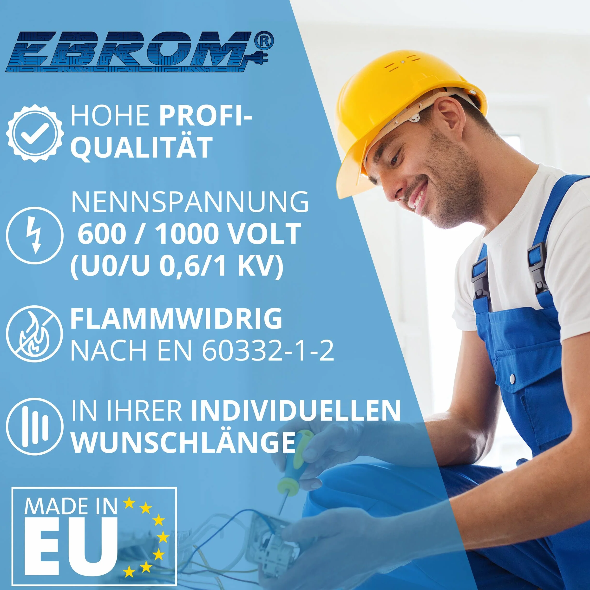 EBROM Kabel uziemiający NYY-J 1 x 16 mm², kabel zasilający PCW, przewód uziemiający z ochroną odgromową - czarny, towar sprzedawany na metry, wybór w odstępach 1 metra, 1 x 16 mm², długość: 10 m