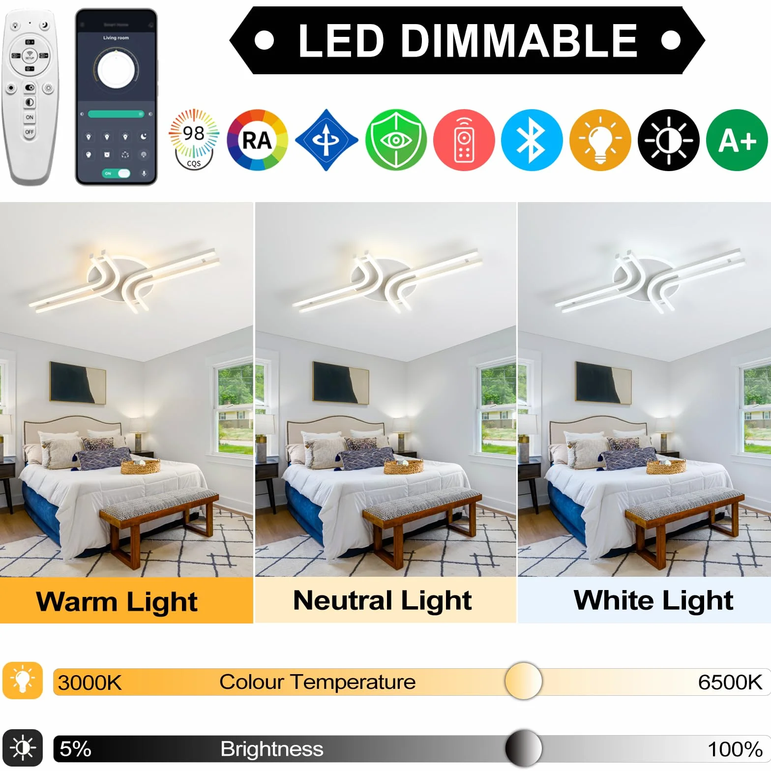 LED Ściemnialna Lampa sufitowa, 32W 3200lm Nowoczesna Ściemnialna Lampa sufitowa Z pilotem, 70cm Lampy sufitowe do salonu Sypialni Kuchni Korytarza Oświetlenie Oprawa, Czarny A