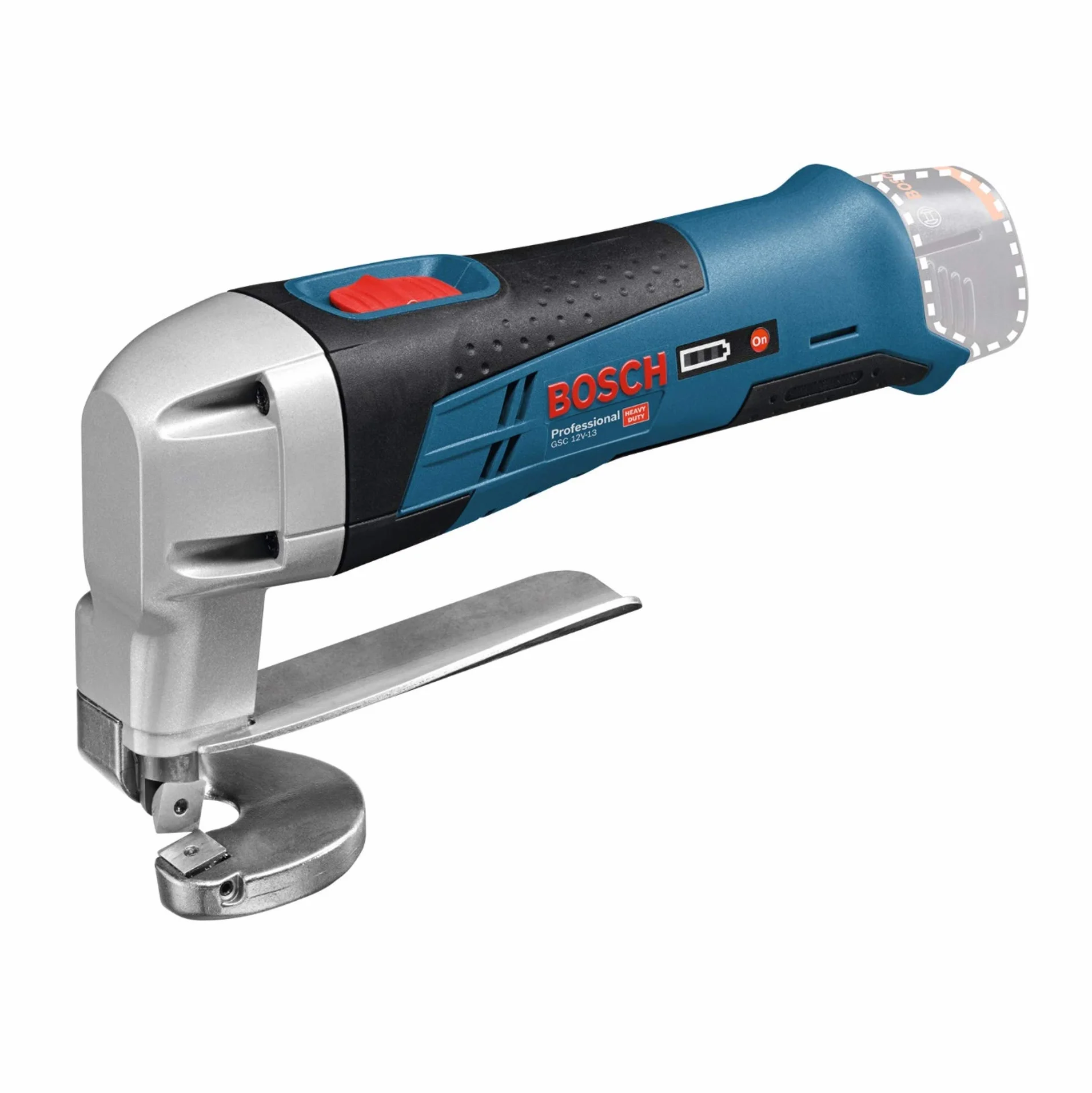 Bosch Professional system 12V: akumulatorowe nożyce do blachy GSC 12V-13 (prędkość skokowa bez obciążenia 3 600 min–1, klucz sześciokątny)