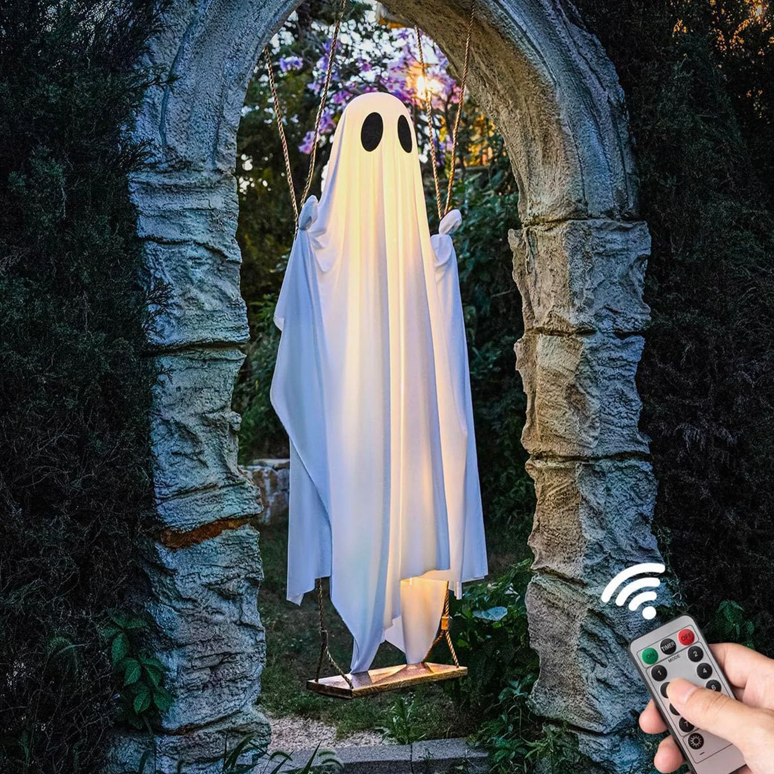 Swinging Ghost-150 cm duża wisząca huśtawka duch dekoracja na Halloween ze sznurkami świetlnymi - upiorne urocze duchy, dekoracje na przedni, ganek, podwórko, drzewo (z pilotem zdalnego sterowania)