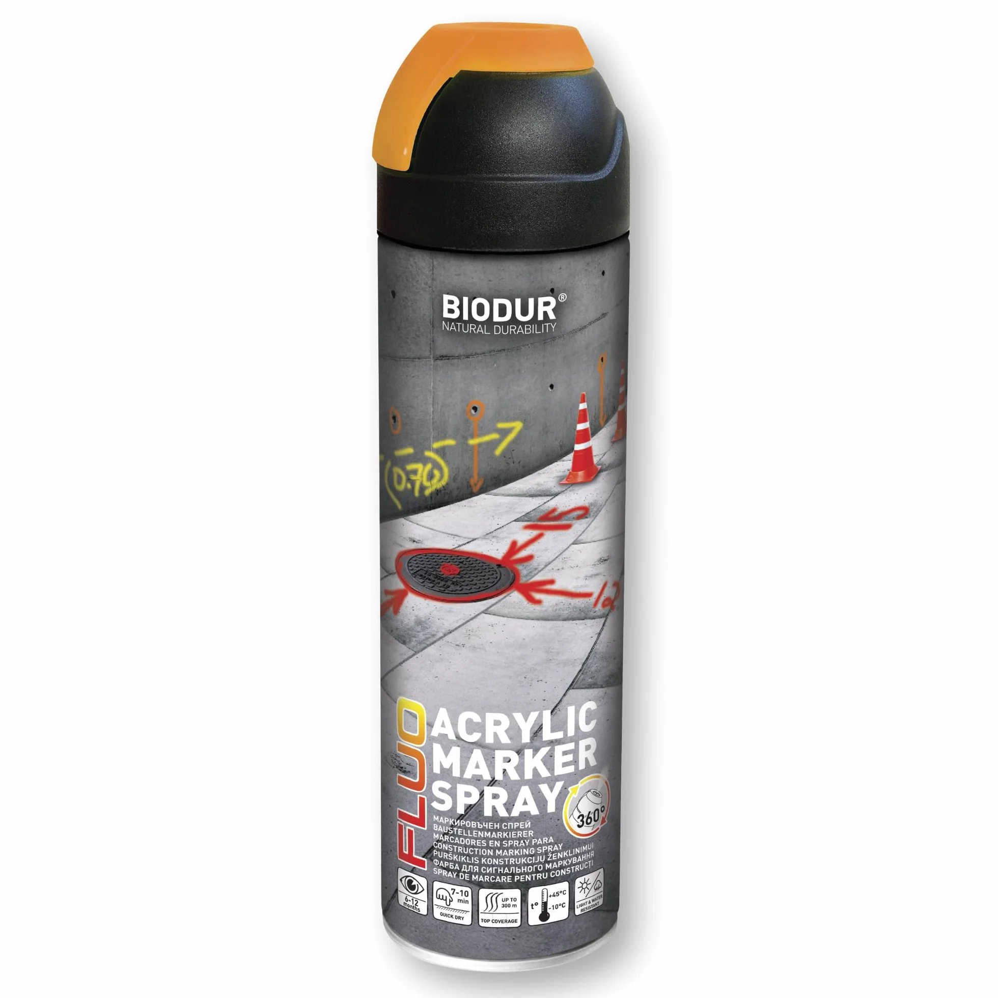 500 ml Biodur znacznik budowlany spray do znakowania farba sygnalizacyjna spray do oznakowania kolor pomarańczowy