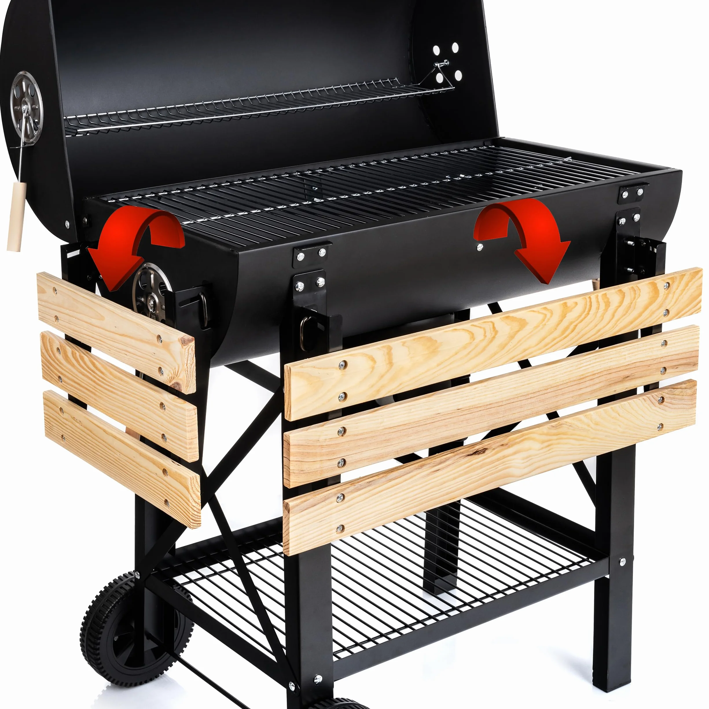LEHMANN Grill węglowy z rusztem do gotowania, XL, z dwiema drewnianymi półkami, pokrywą, kółkami i nieogrzewanym uchwytem, grill węglowy do ogrodu, na taras, kemping