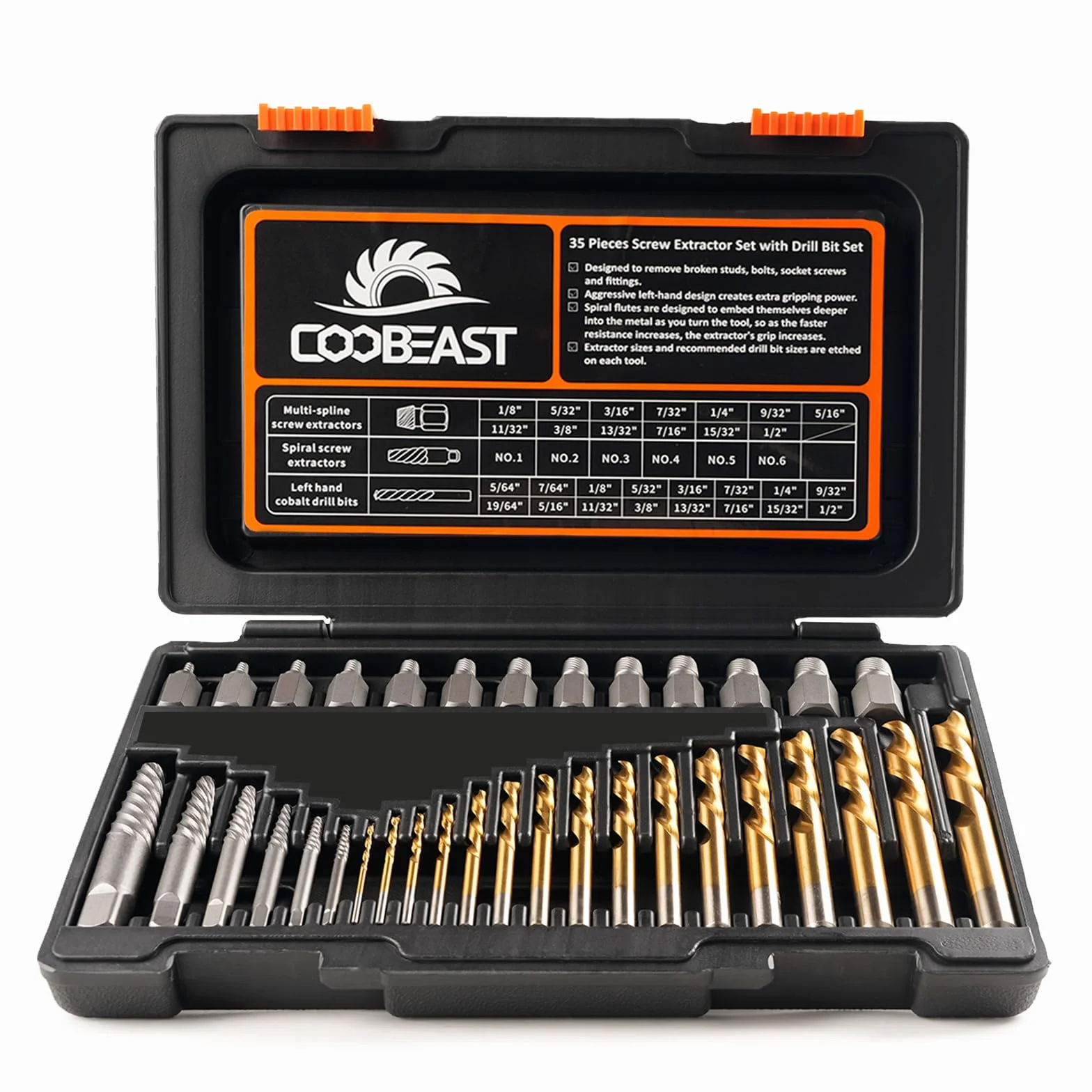 Coobeast Zestaw wierteł do wyciągania śrub i wierteł lewostronnych, zestaw do wyciągania śrub Easy Out ze stali HSS, do złamanych nakrętek, odkręcanych śrub, 35 szt