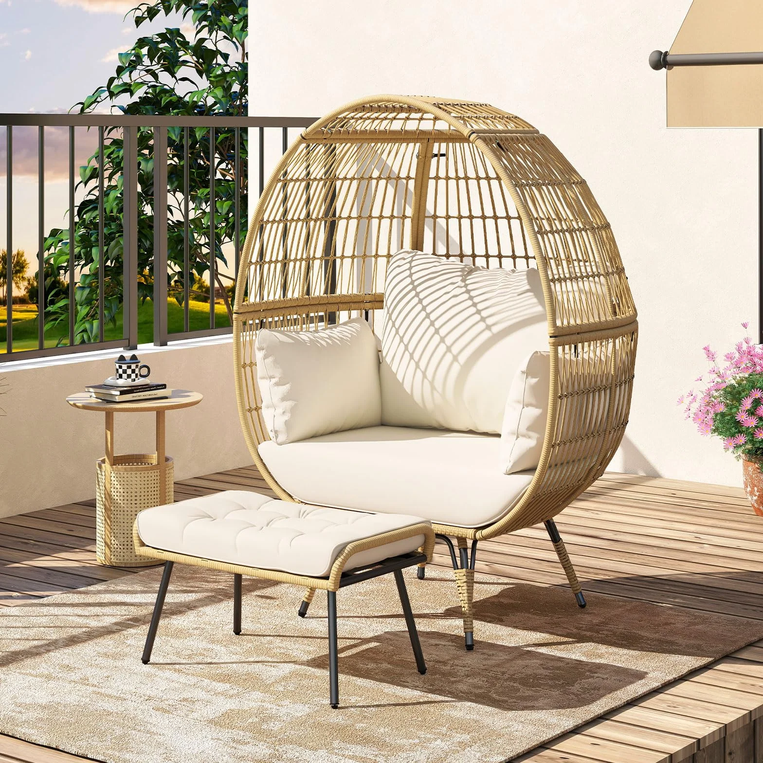 COSTWAY Wiklinowy Fotel Rattanowy XXL z Taboretem, Ogrodowy z Poduszkami i Metalowym Stelażem, Wypoczynkowy na Balkon, do Ogrodu, Salonu, na Taras