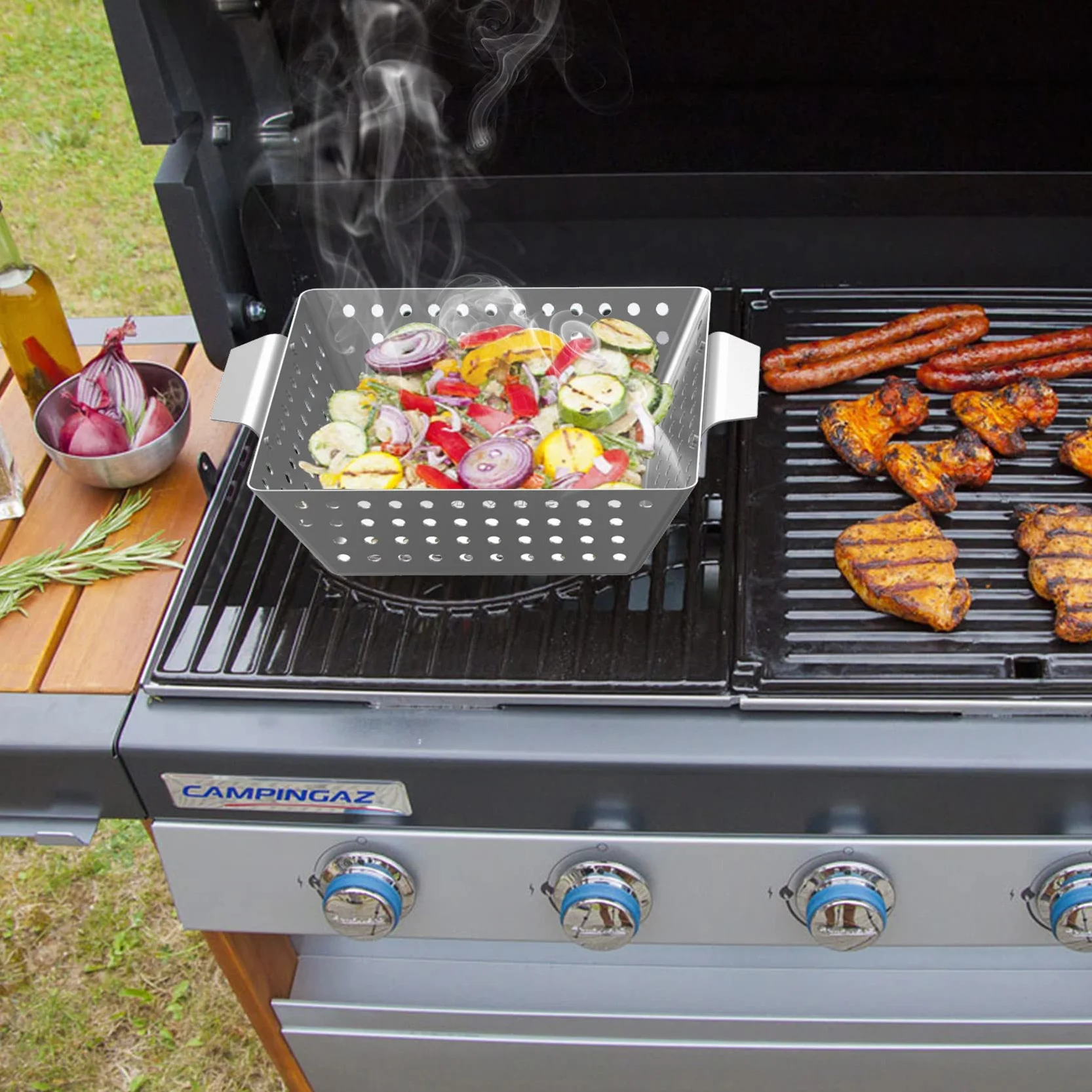Onlyfire 3 Kosz do Grillowania ze Stali Nierdzewnej, Grill Kosz z Zakrzywionym Uchwytem, ​​Mini Koszyk do Grillowania Mięsa, Warzyw i Ryb, Uniwersalny Kosz do Grilla, Akcesoria do Grilla Węglowego