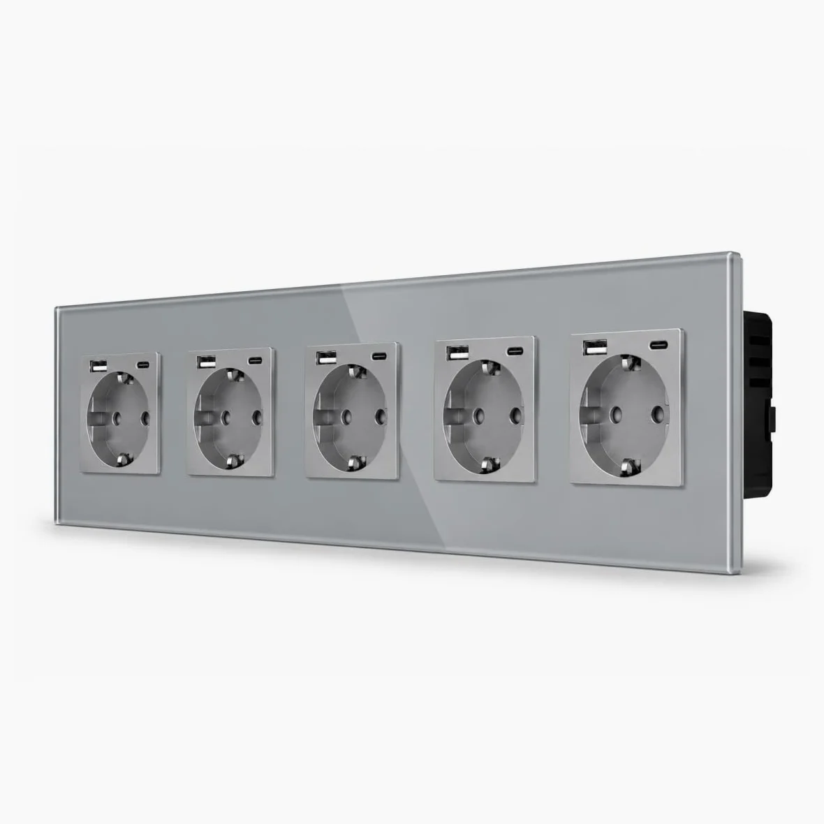 SmartinHouse - pięciokrotne gniazdko - szare - USB A+C 12W - szkło kryształowe | Ładowanie USB bez adaptera