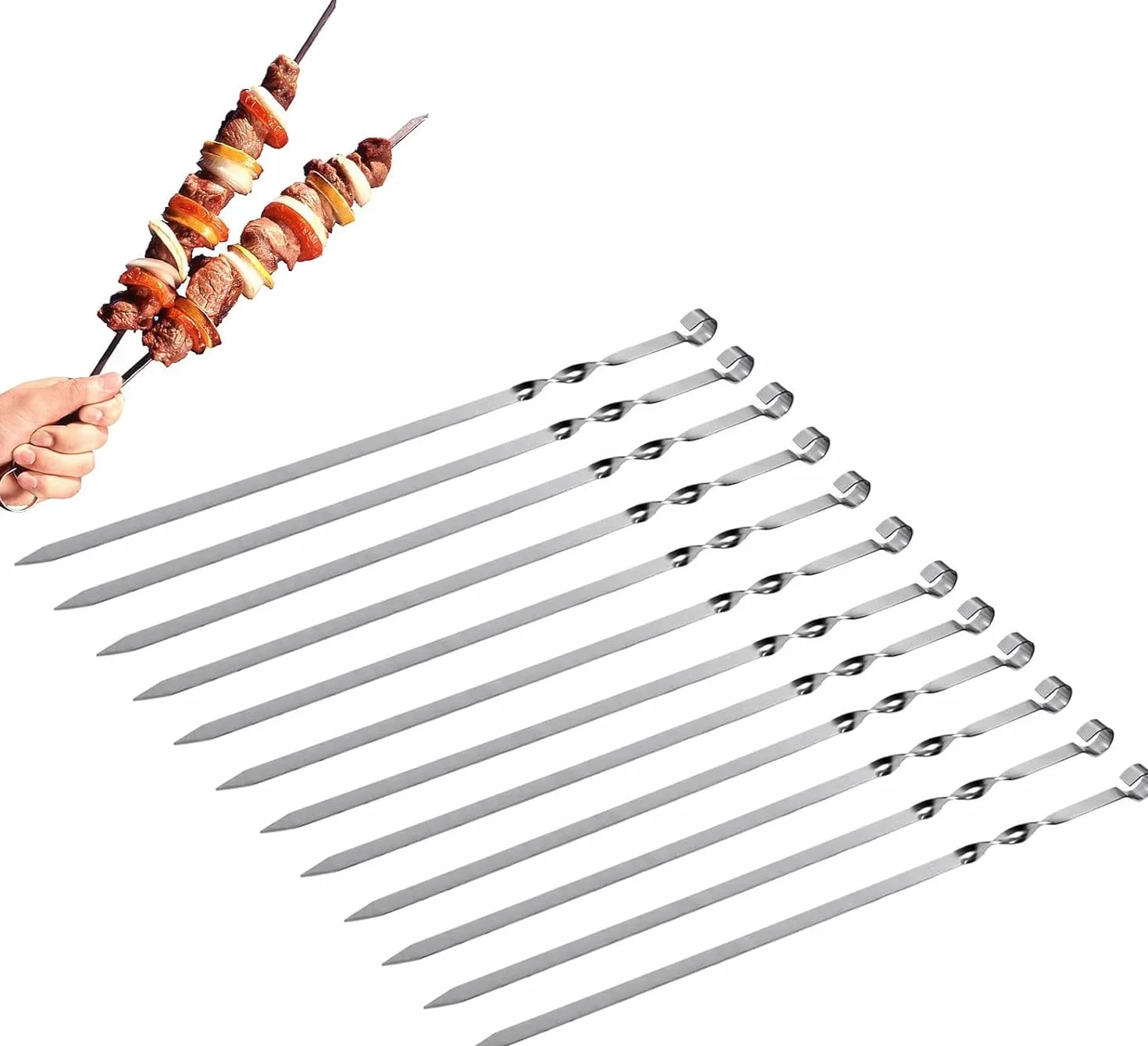 Rożen do Grilla, Szaszłyki do Mięsa, Szpikulce ze Stali Nierdzewnej, Długie Akcesoria do Grilla, 12 Sztuk (30 cm)