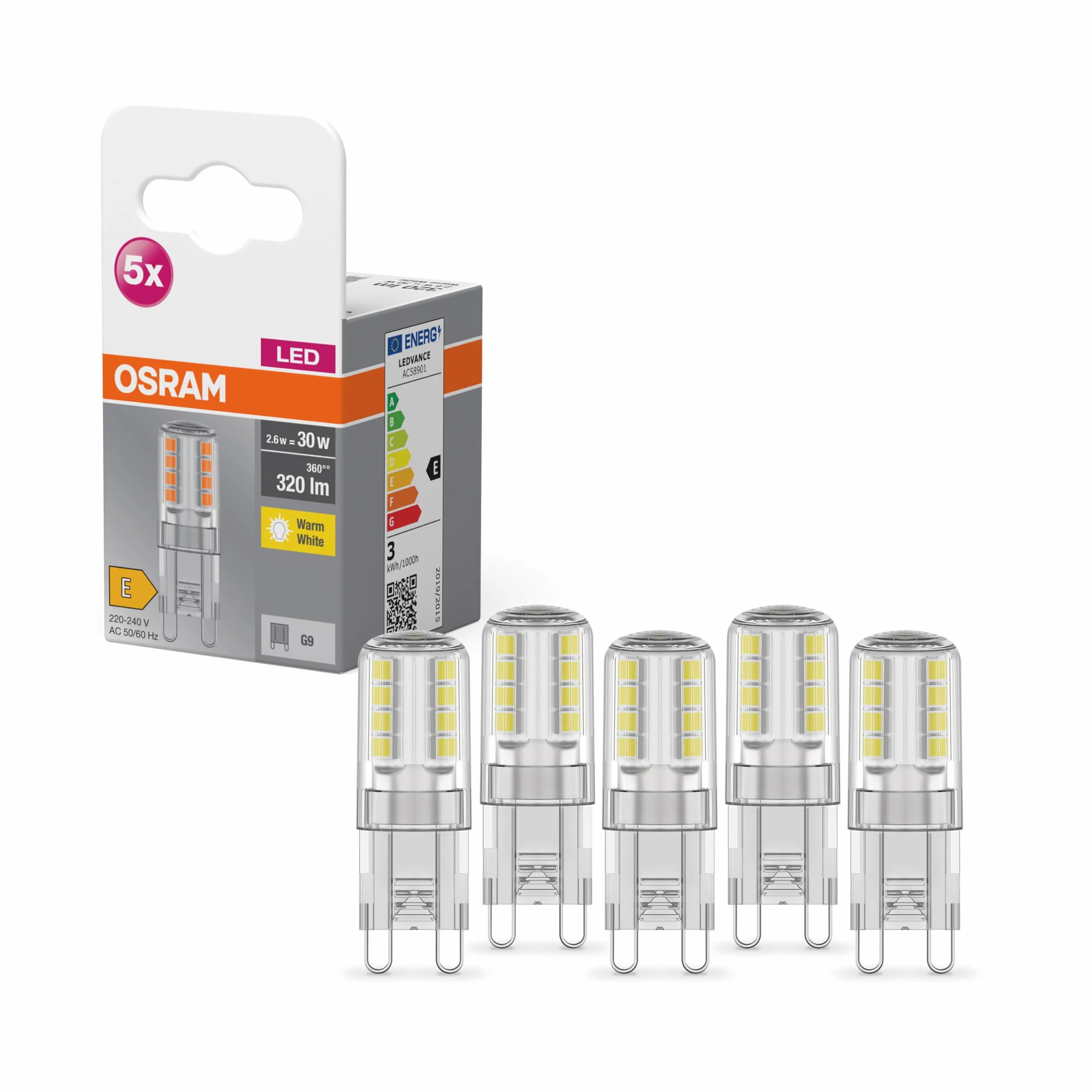 OSRAM Lampa LED Star PIN G9, szkło przezroczyste, Ciepła biel (2700K), 320 Lumen, zamiennik dla 30W, 5-pak