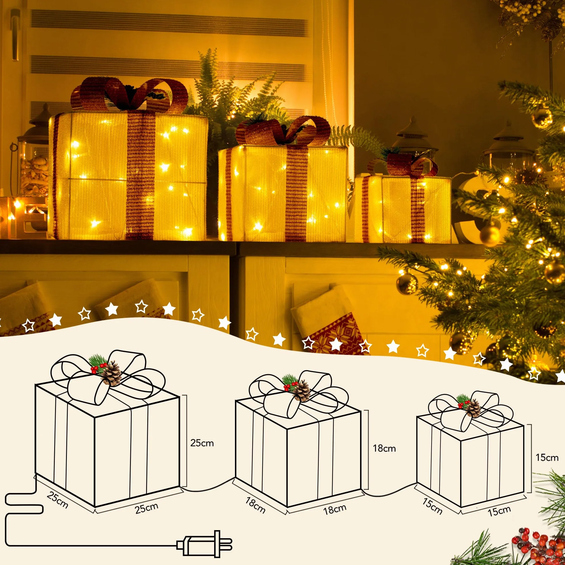 GIGALUMI Pudełko prezentowe LED, zestaw 3 sztuk, 8 trybów, 60 diod LED, świecące pudełko bożonarodzeniowe, łańcuch świetlny z wtyczką do wnętrz, żółta dekoracja bożonarodzeniowa, ciepła biel