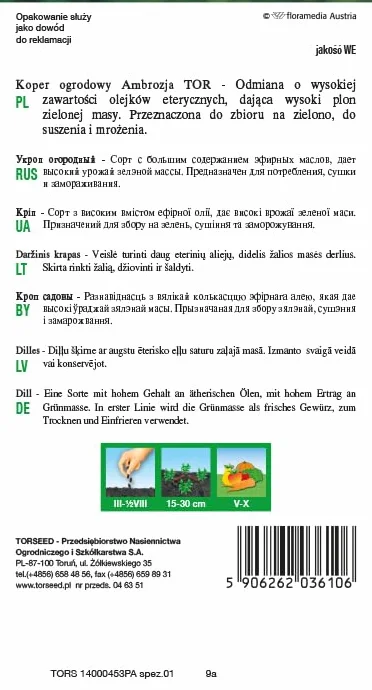 Nasiona kopru Ambrosia (Anethum graveolens) – aromatyczny smak, bogaty w olejki eteryczne, idealne do użytku kulinarnego, wszechstronne od świeżych do konserwowanych, sadzenia od marca do