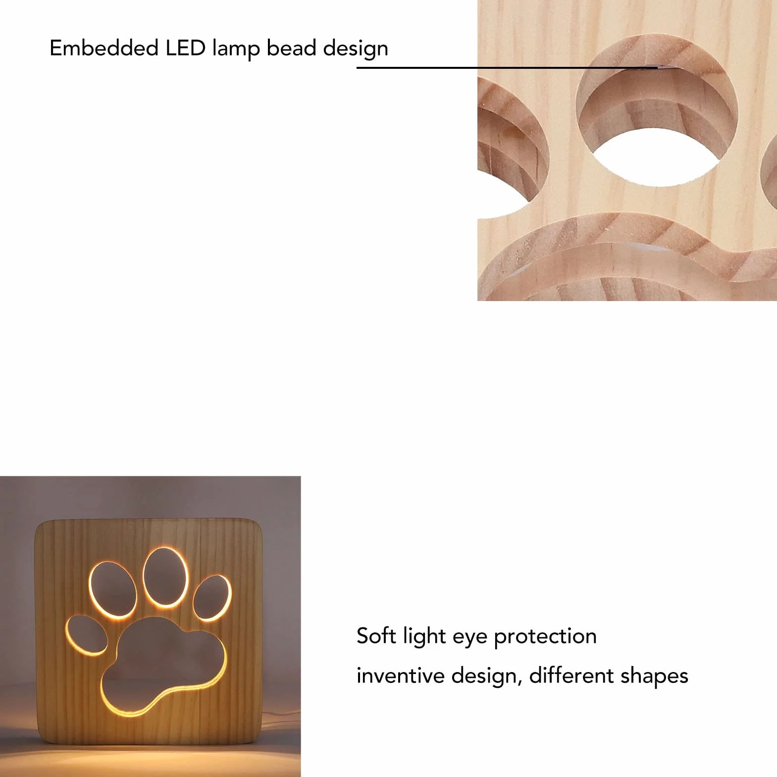 Lampka nocna LED kocia łapa drewniana lampa stołowa Zasilanie USB 3D Kreatywna lampa biurkowa Wydrążona łapa dla psa Projekt Ochrona oczu Lampka nocna do sypialni Prezent Walentynki