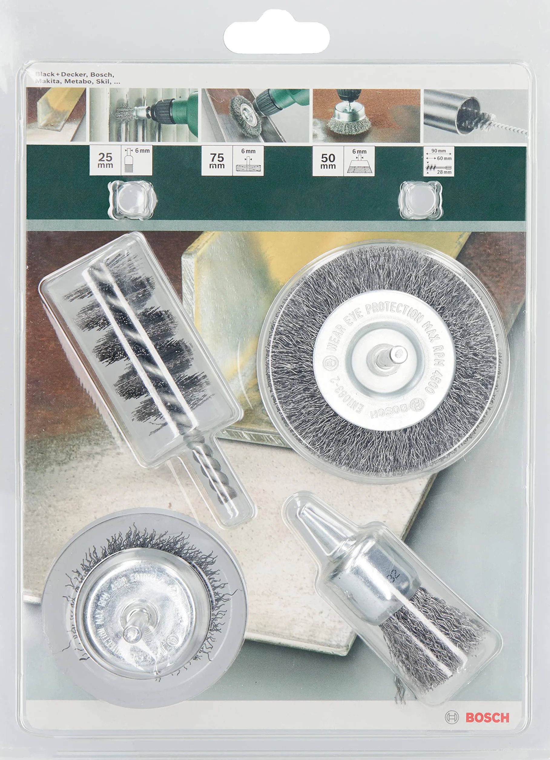 Bosch 2609256553 Zestaw 4 Pędzli: Okrągły, Malarski, Cylindryczny i Tarczowy z Uchwytem 6 mm