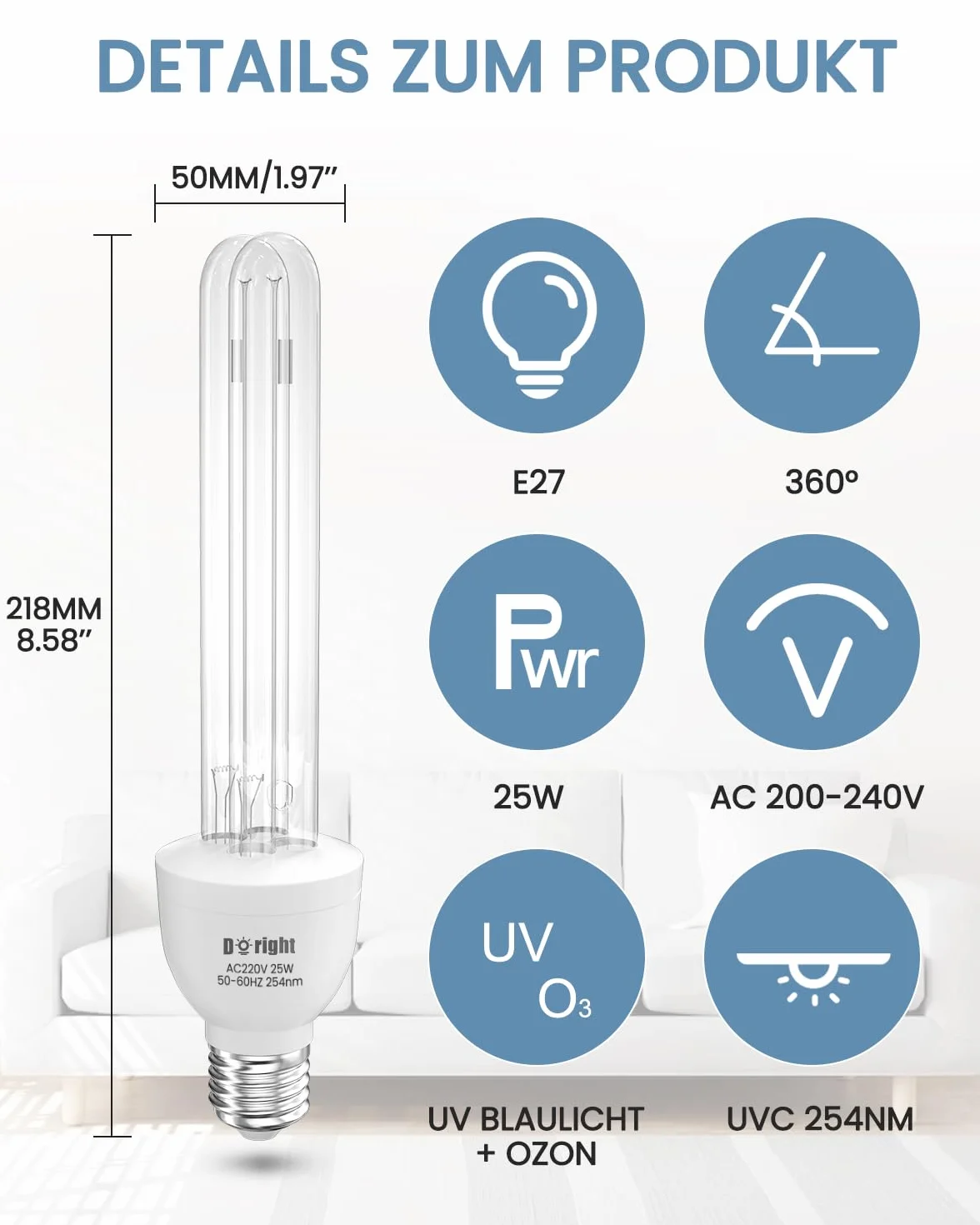DoRight Lampa UV Ozon E27 25 W bakteriobójcza lampa UVC 254 nm z rurką kwarcową, oson ozon przeciw bakteriom wirusom i roztoczom AC220-240V do domów, biur, restauracji i szkół (1 sztuka)