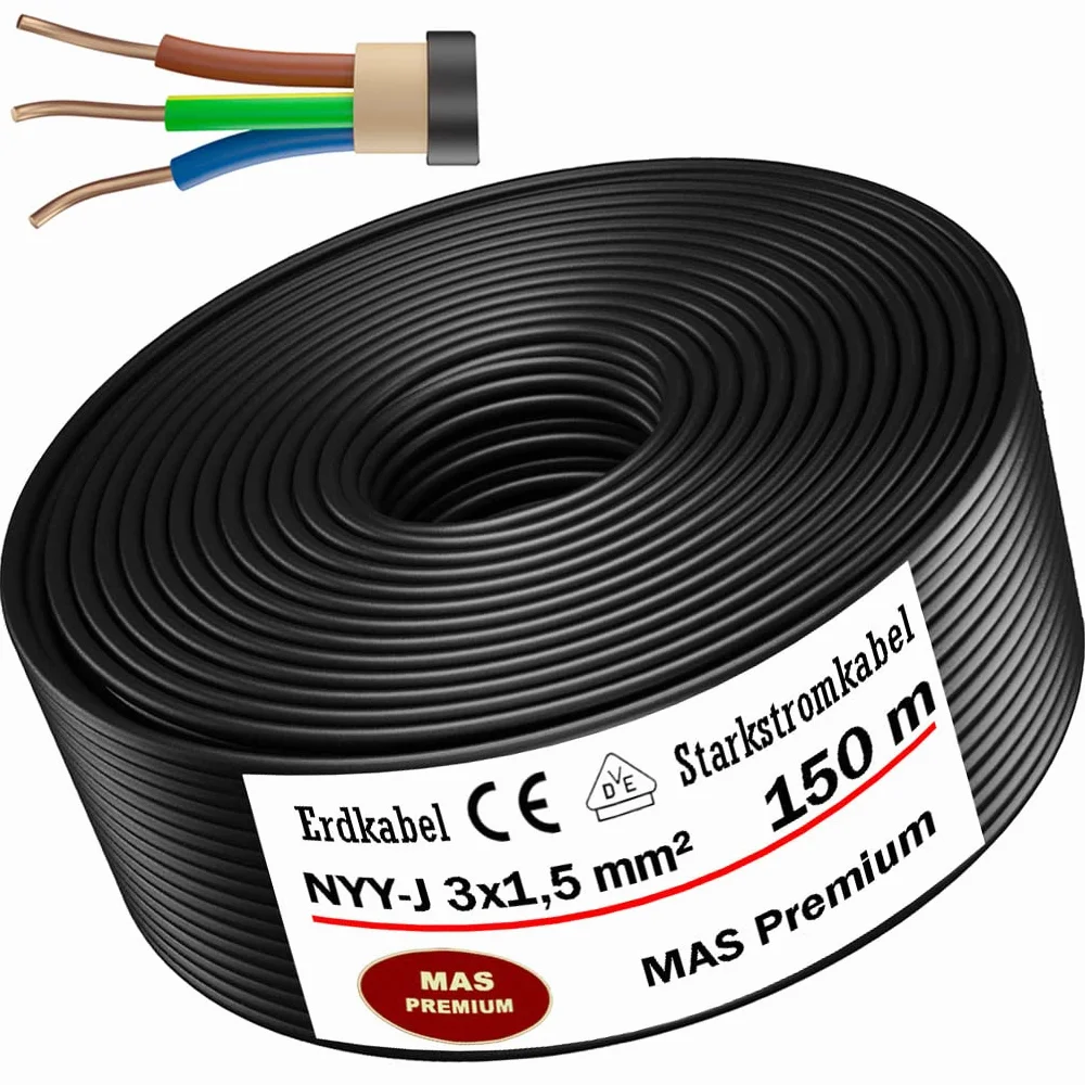 MAS Premium Kabel ziemny, kabel zasilający od 5 m do 170 m NYY-J 3 x 1,5 mm², kabel elektryczny zwój, do układania na wolnym powietrzu, w ziemi (150 m)