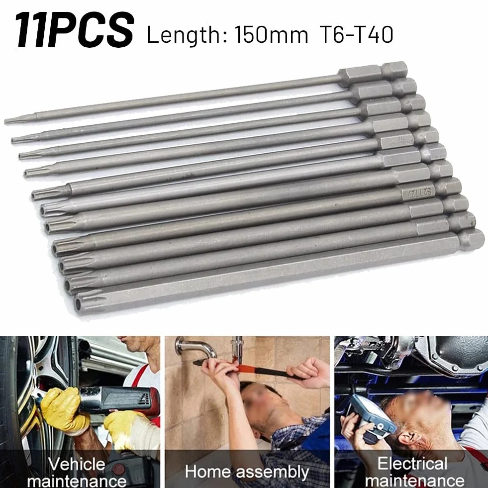 11 sztuk 150mm długi magnetyczny wkrętak torx bity z łbem płaskim sabotaż T6-T40 zestaw wierteł narzędzie ręczne do wkrętarki elektrycznej wiertarki