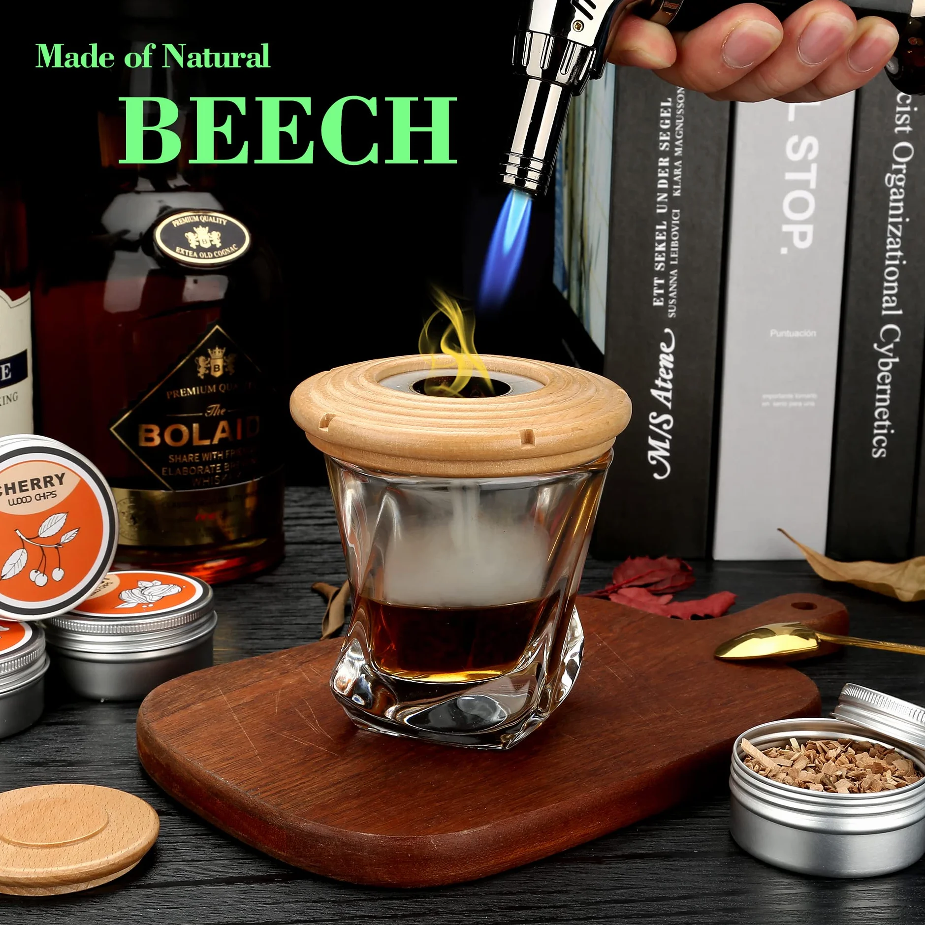 Zestaw do wędzenia koktajli z 4 wiórami drewnianymi, staromodny zestaw do wędzarni whisky, do koktajli, wina, whisky, burbona, męża, taty, buk