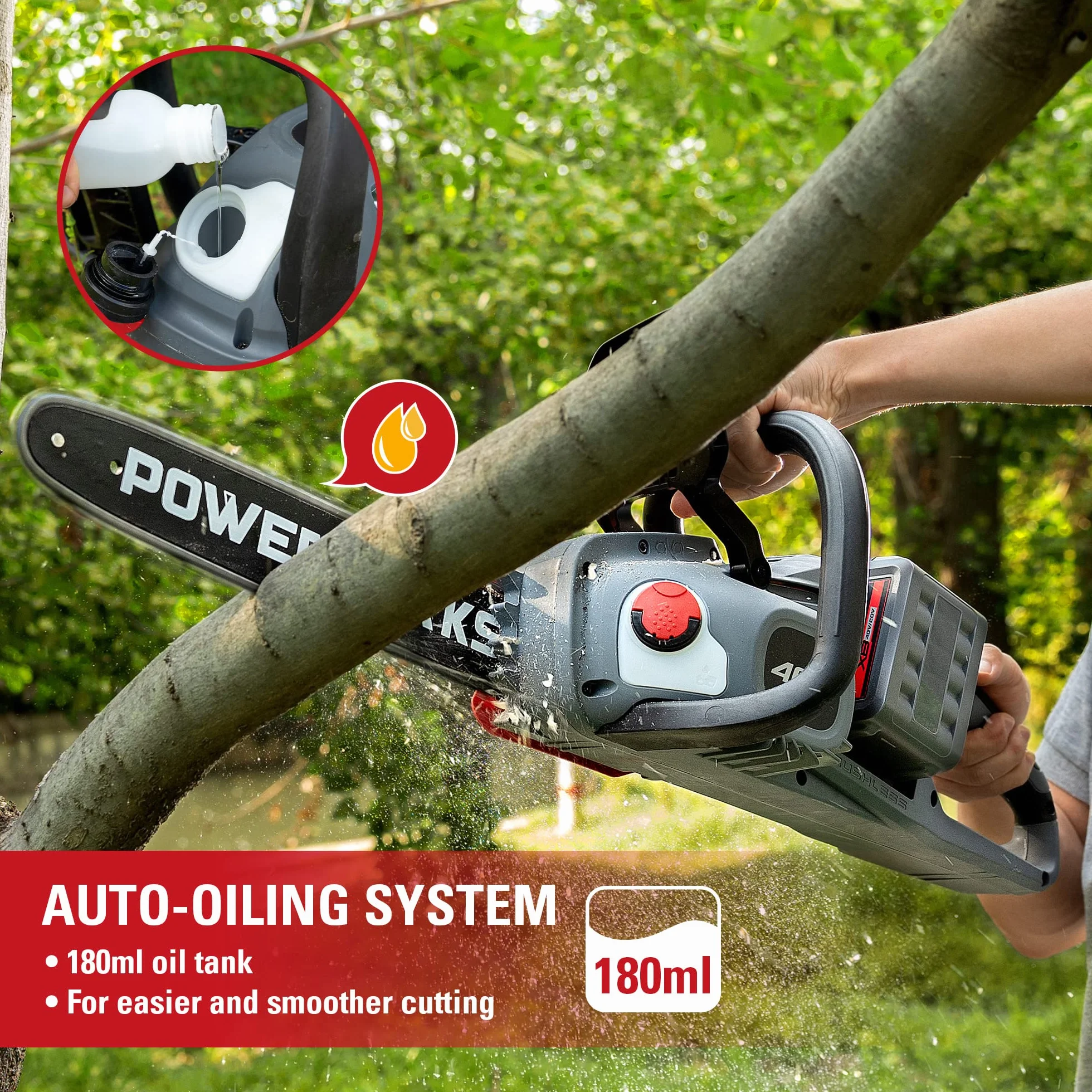 POWERWORKS akumulatorowa piła łańcuchowa 20 V bezszczotkowa 35 cm 4 Ah 2 x akumulator ładowarka