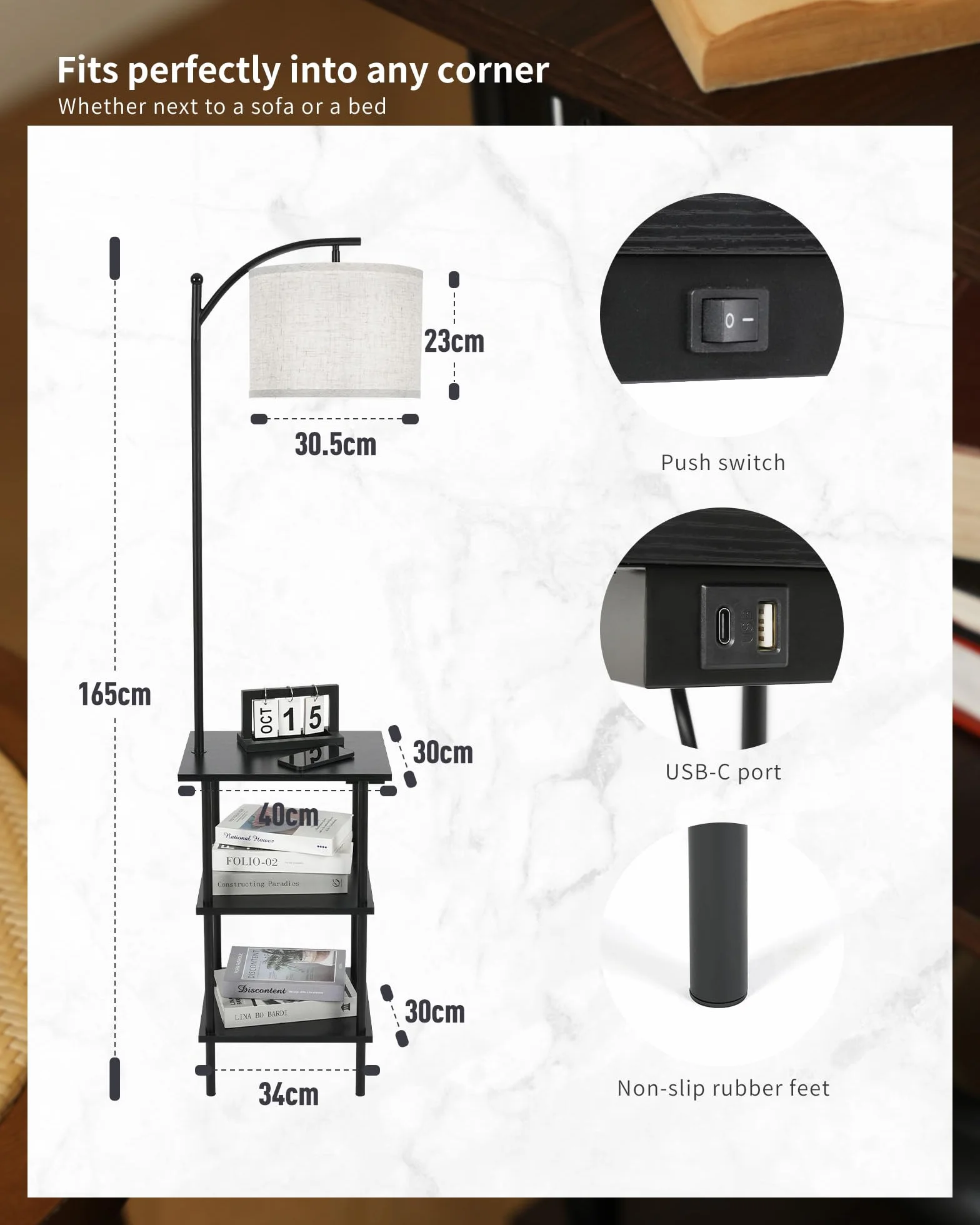 Lampa podłogowa z 3-poziomową półką, porty ładowania USB typu C do salonu, sypialni i biura, bez żarówki