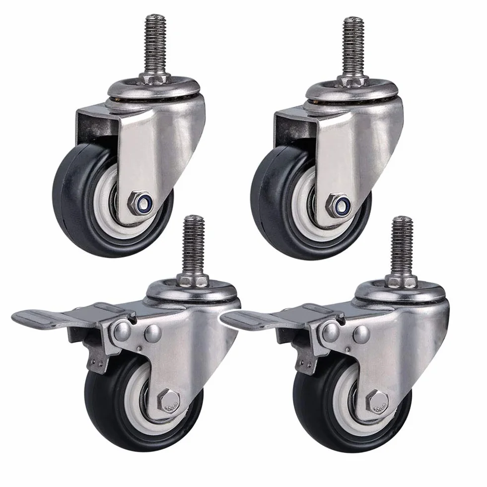 Gwint M8 / M10 / M12 kółka skrętne do mebli 1,5"/ 2" (50 mm) stal szlachetna 304 uchwyt rolki do dużych obciążeń 300 kg cicha skóra PU z hamulcem, małe kółka do stołu, biurka, wózka dziecięcego 4 sztuki