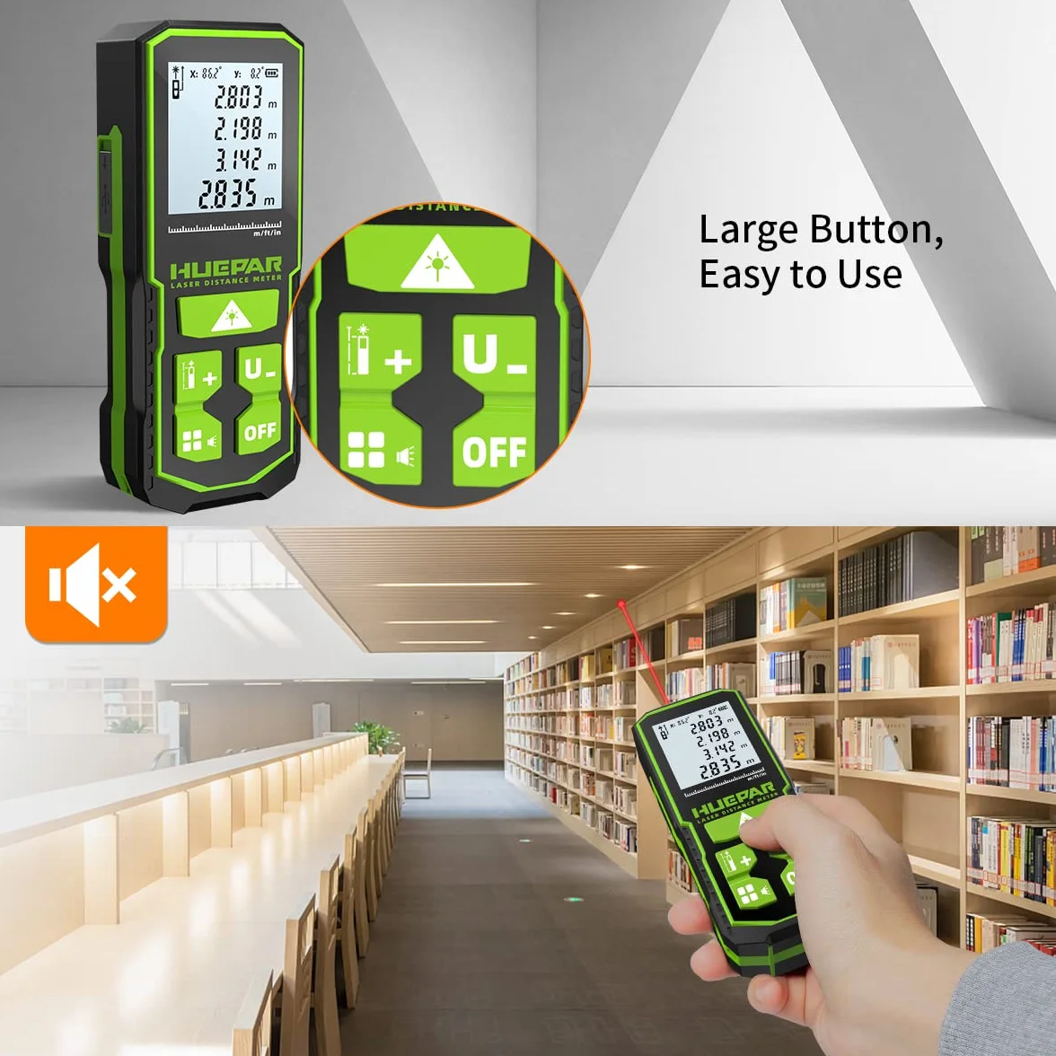 Huepar Laser Distance Measure 393Ft(120M) with Rechargeable Battery & Dual Angle Display, Laser Measure M/In/Ft with Mute Function & Multi-Measurement Modes, Pythagorean, Distance, Area&Volume-S120
