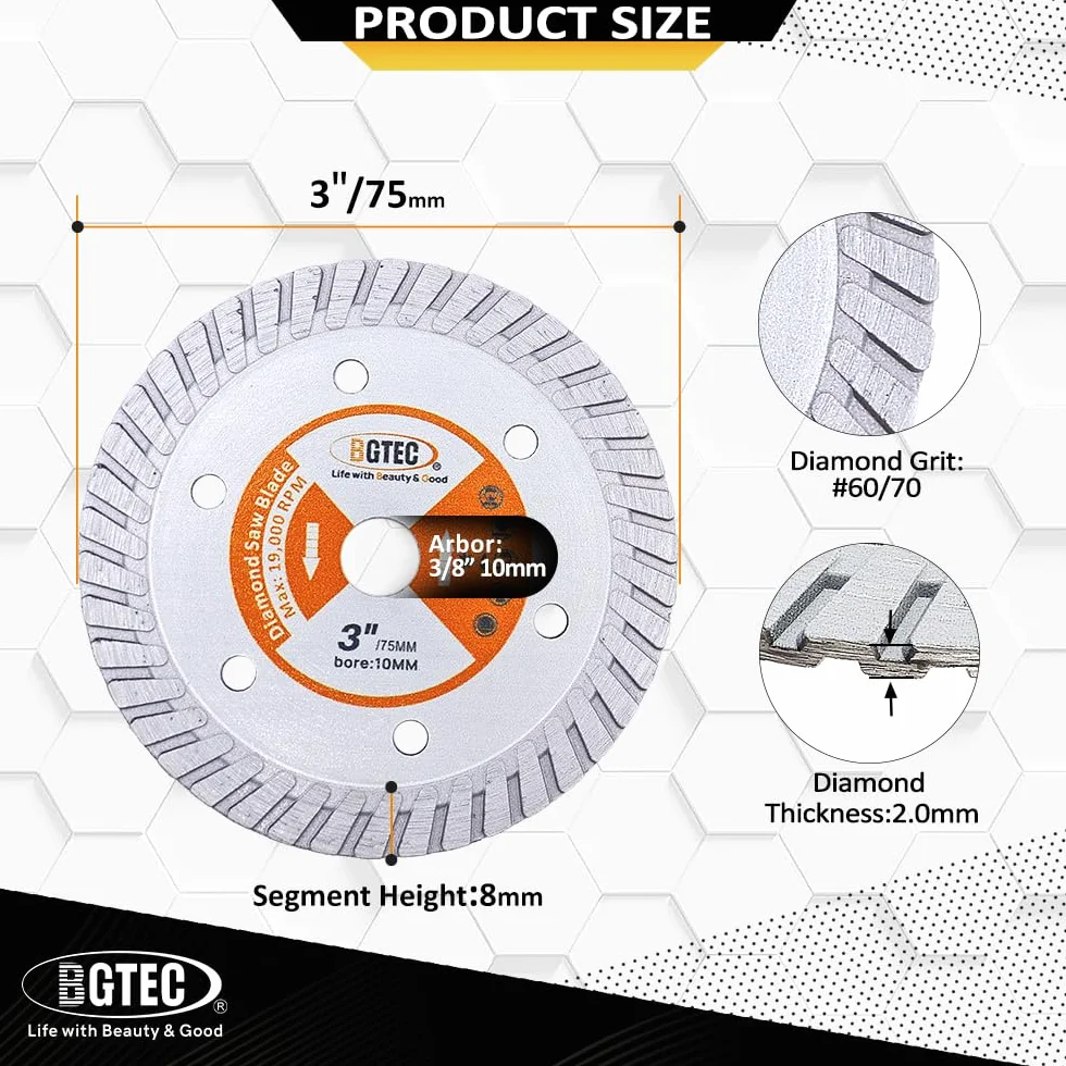 BGTEC Diamentowe ostrze turbo z granitu, 10 tarcz do cięcia 75 mm do betonu zbrojonego, sztucznych i naturalnych kamieni twardych