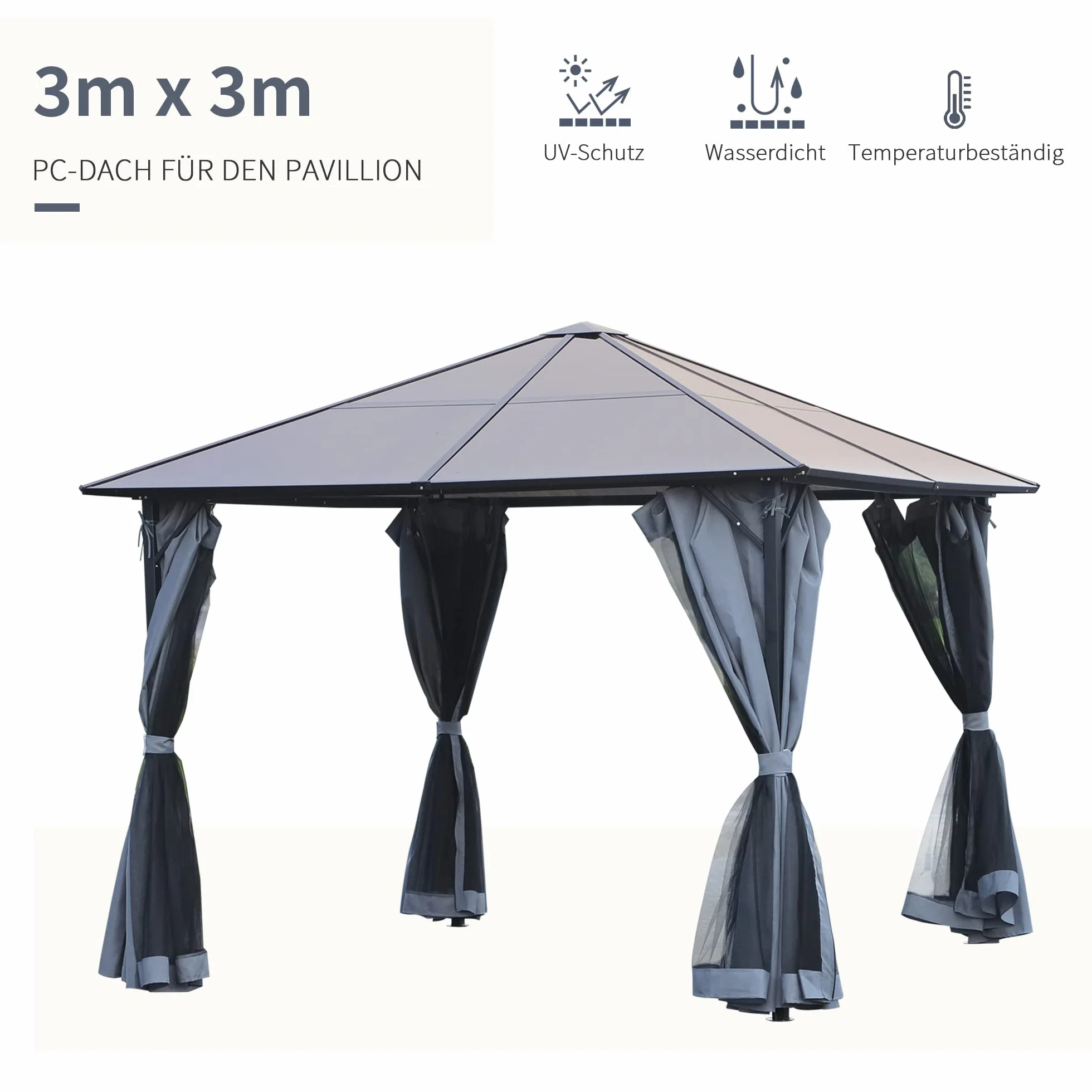 Outsunny pawilon 3 x 3 m pawilon ogrodowy namiot imprezowy z panelami bocznymi dach PC aluminium kolor ciemnoszary
