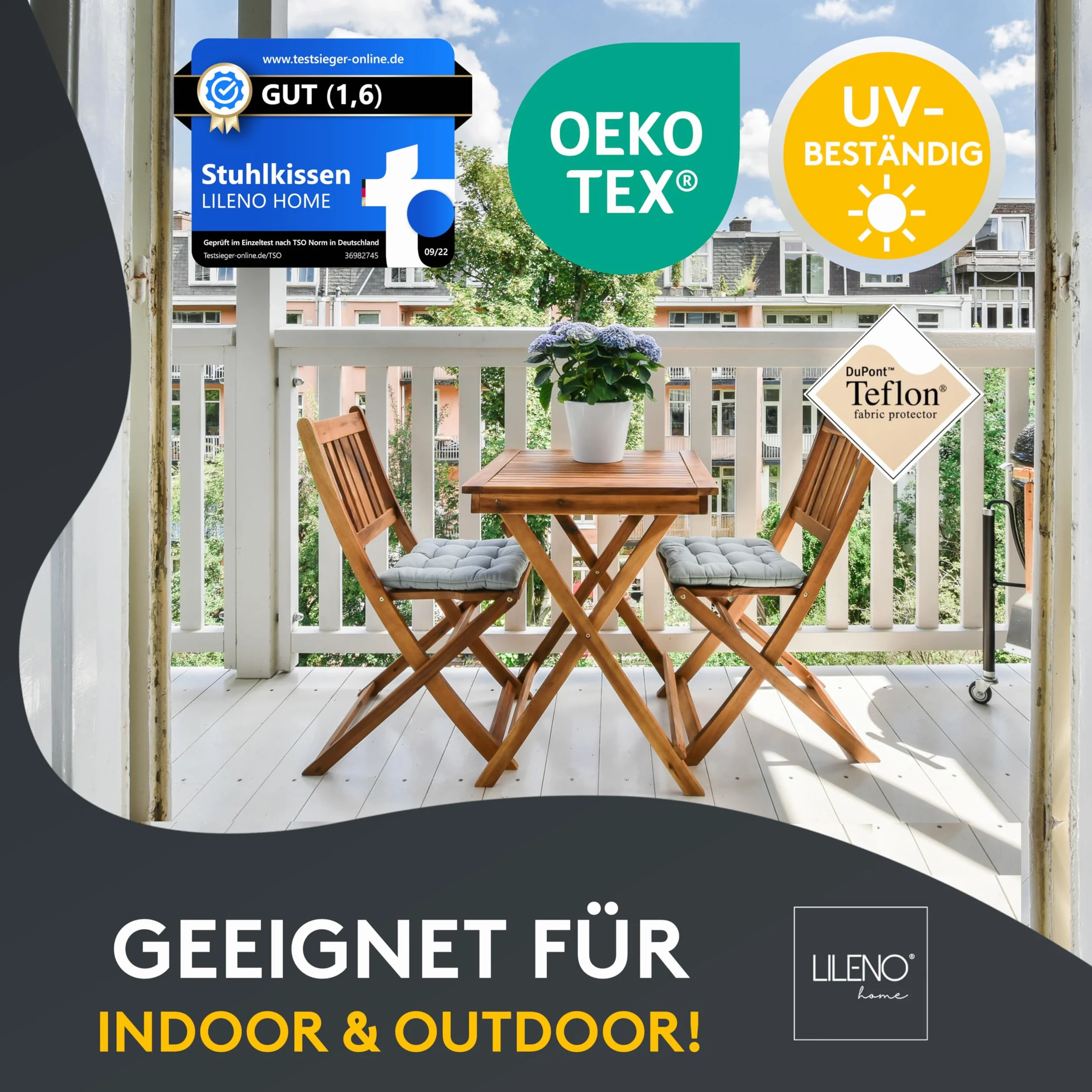 LILENO HOME Zestaw 2 poduszek na krzesło antracytowe (40 x 40 x 4,5 cm) - wygodne odporne na promieniowanie UV wewnątrz i na zewnątrz