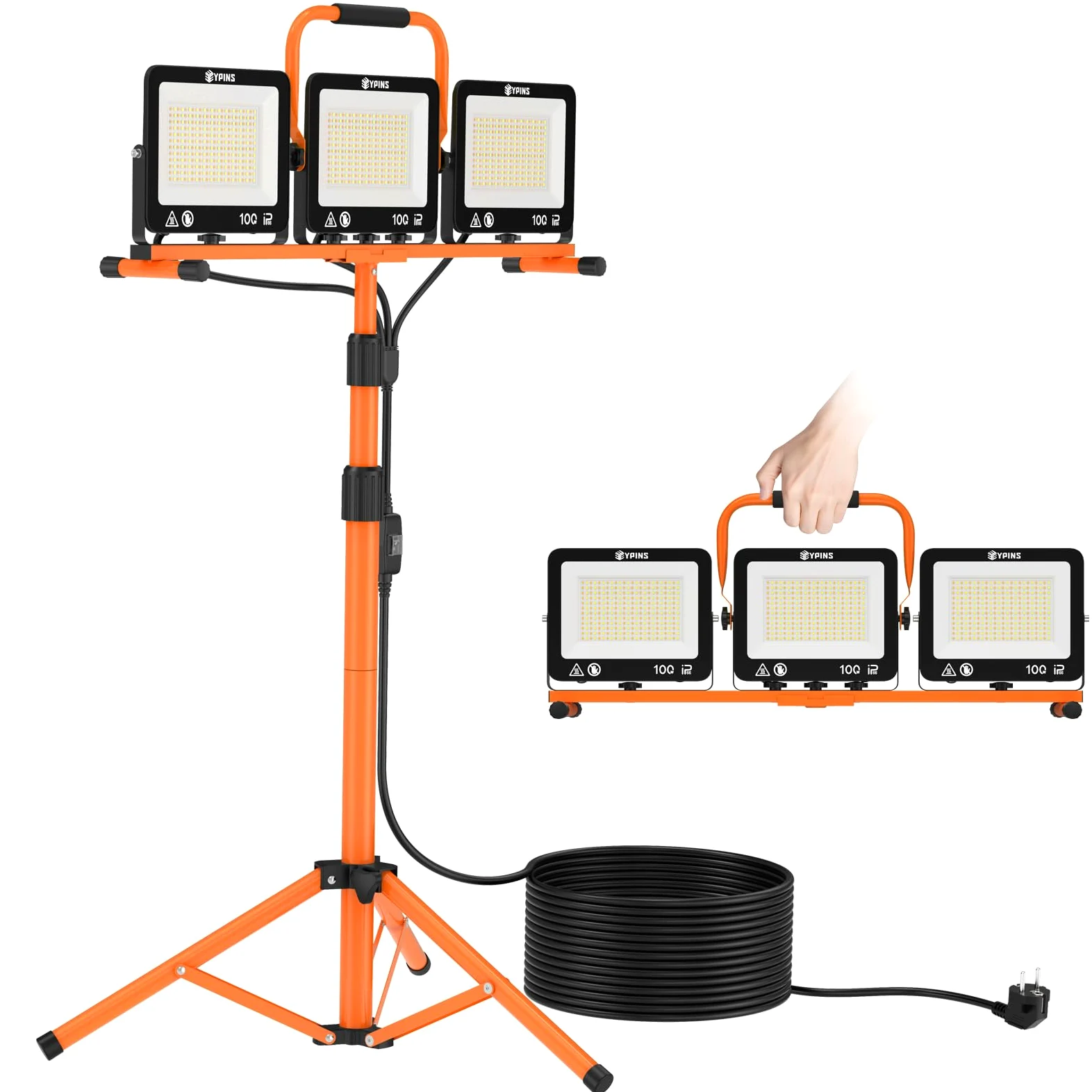 EYPINS 3 x reflektor budowlany LED 100 W ze statywem, kabel 5 m, lampa robocza 8700 lm, 3000 K / 5000 K / 6000 K, lampa na plac budowy, IP66, wodoszczelny, uchwyt do reflektora roboczego, obracany o