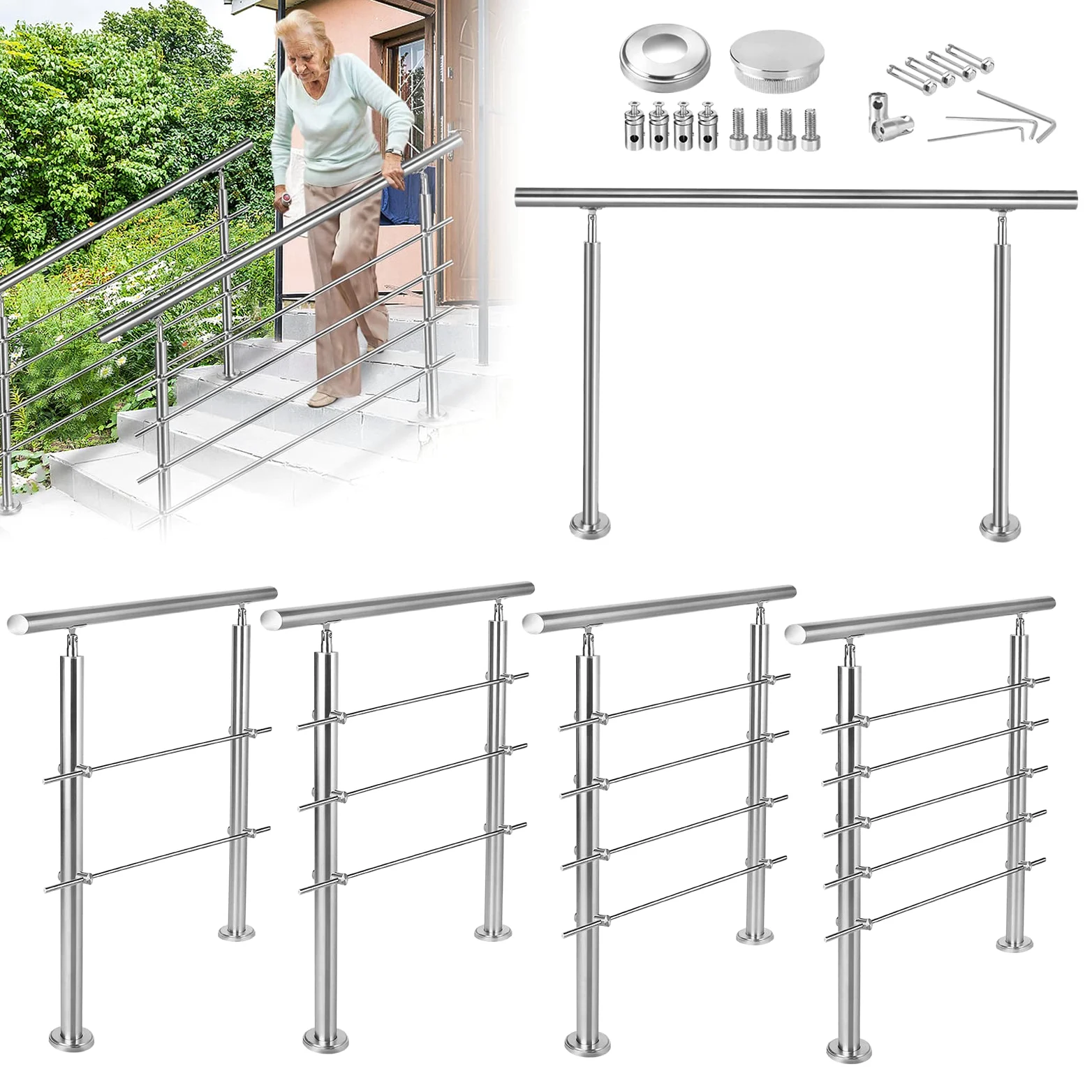 YRHome Poręcz ze stali nierdzewnej, poręcz schodowa do użytku wewnątrz i na zewnątrz, na balkon, do wejścia do domu, do ogrodu (160 cm, 5 poprzeczek)