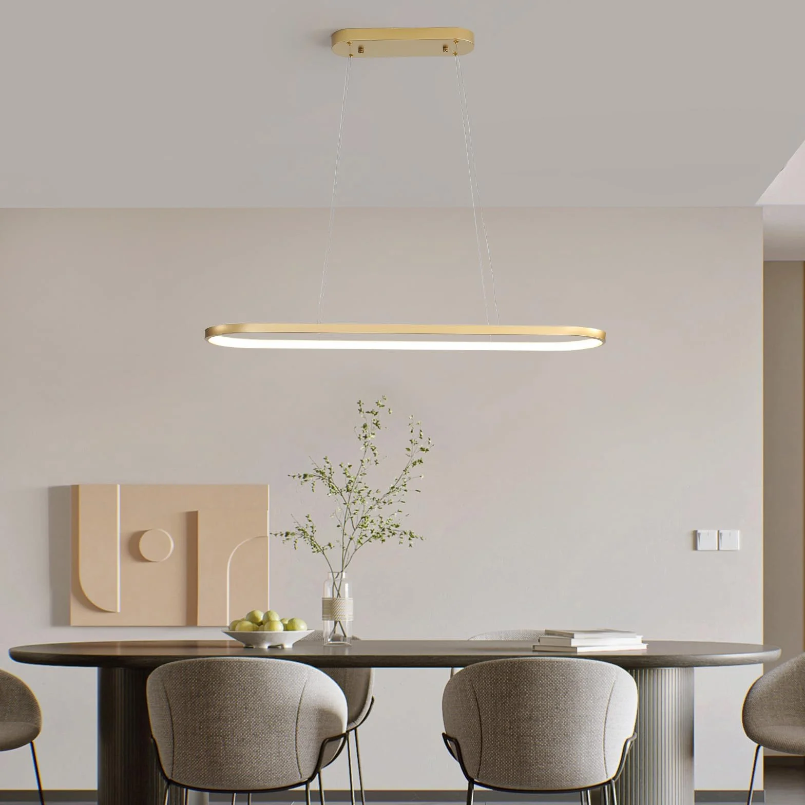 Owalna lampa wisząca LED z możliwością regulacji jasności, wisząca lampa z pierścieniem, lampa wisząca z możliwością regulacji wysokości, nowoczesna lampa stołowa z pilotem, regulowana