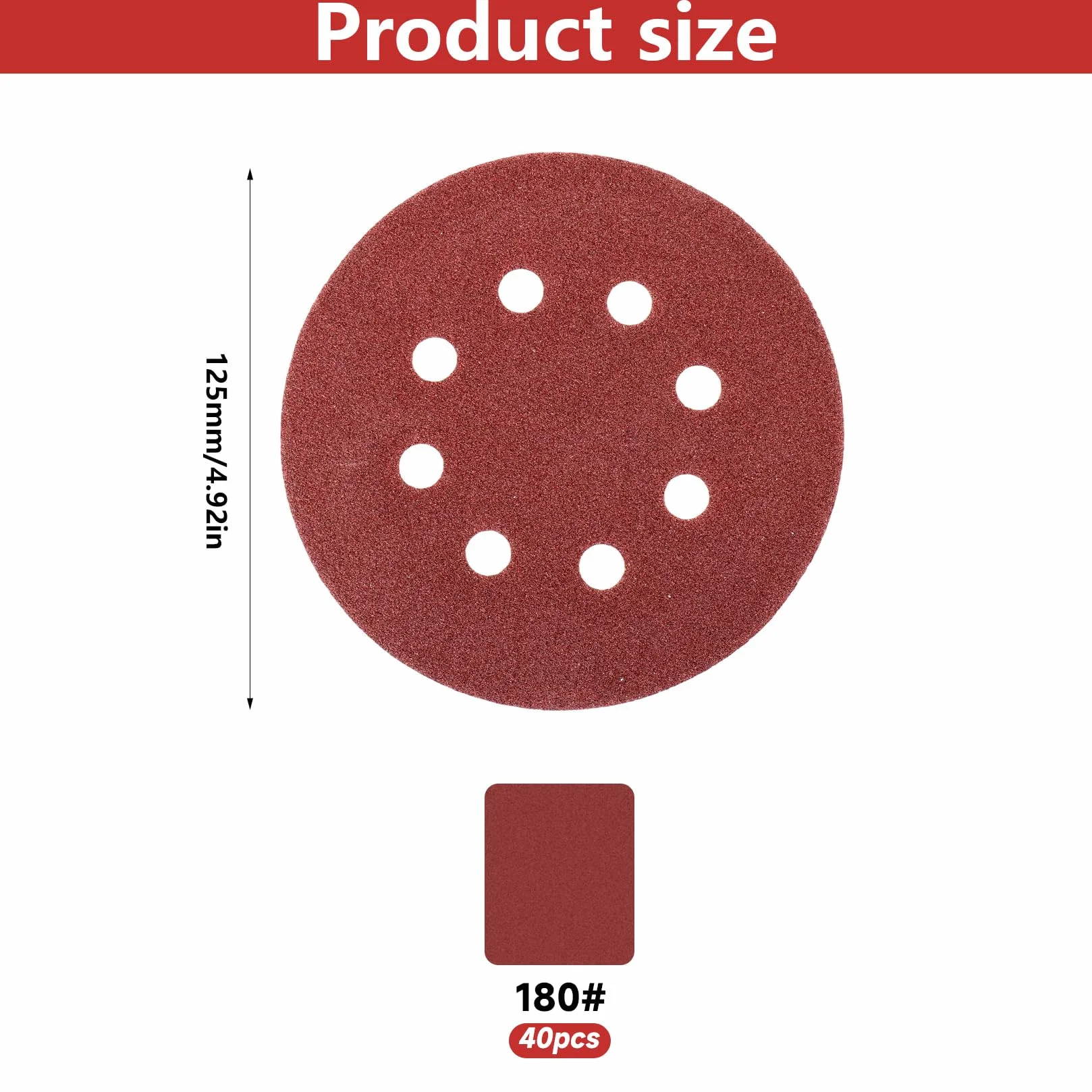 40 sztuk krążków szlifierskich 125 mm na rzep, ziarnistość 180 szlifierek mimośrodowych, papier ścierny 125 mm, arkusze szlifierskie na rzep, papier ścierny z 8 otworami na talerze papieru ściernego