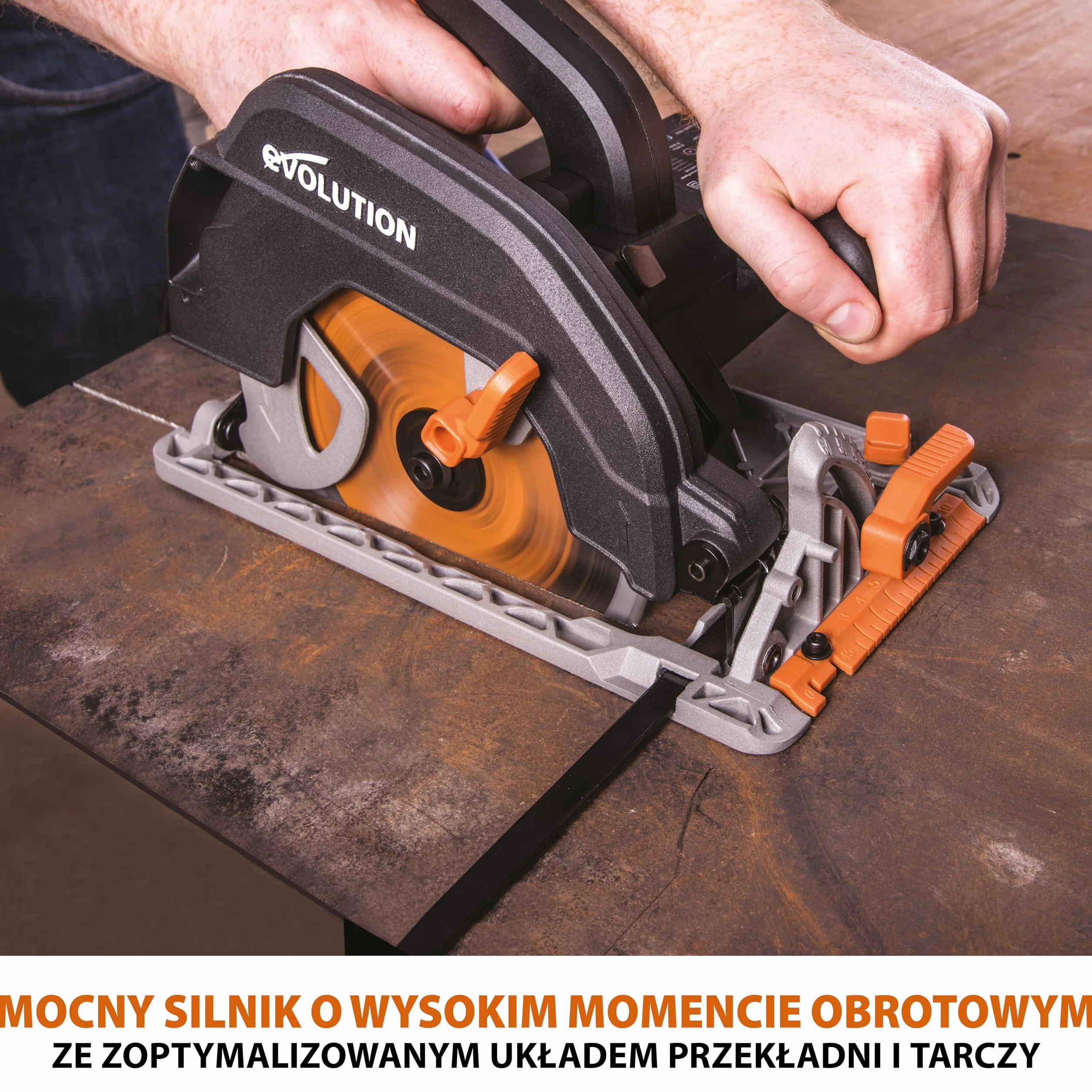 Evolution Power Tools R185CCS Pilarka tarczowa z szyną i tarczą TCT 185 mm do cięcia wielu materiałów: tnie drewno, metal stal aluminium plastik, opcja odchylenia, w zestawie prowadnica