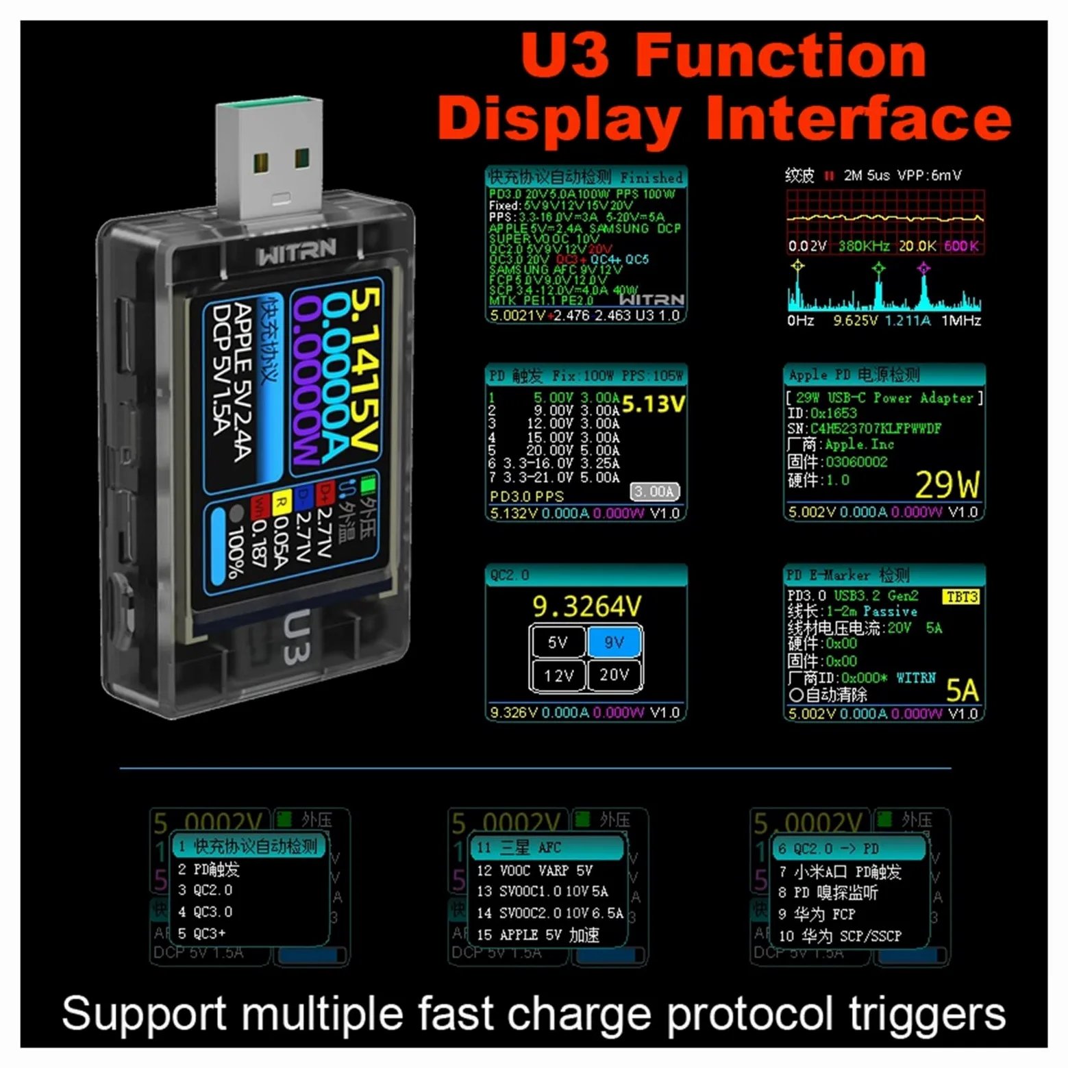 Woltomierz USB Usb. Tester Aktualny miernik napięcia Qc5 pd3.0 2,0 pps Szybka pojemność protokołu ładującego Pd. Spectrum falowania monitora Multi testery Woltomierz Pojemność baterii Volt Amme