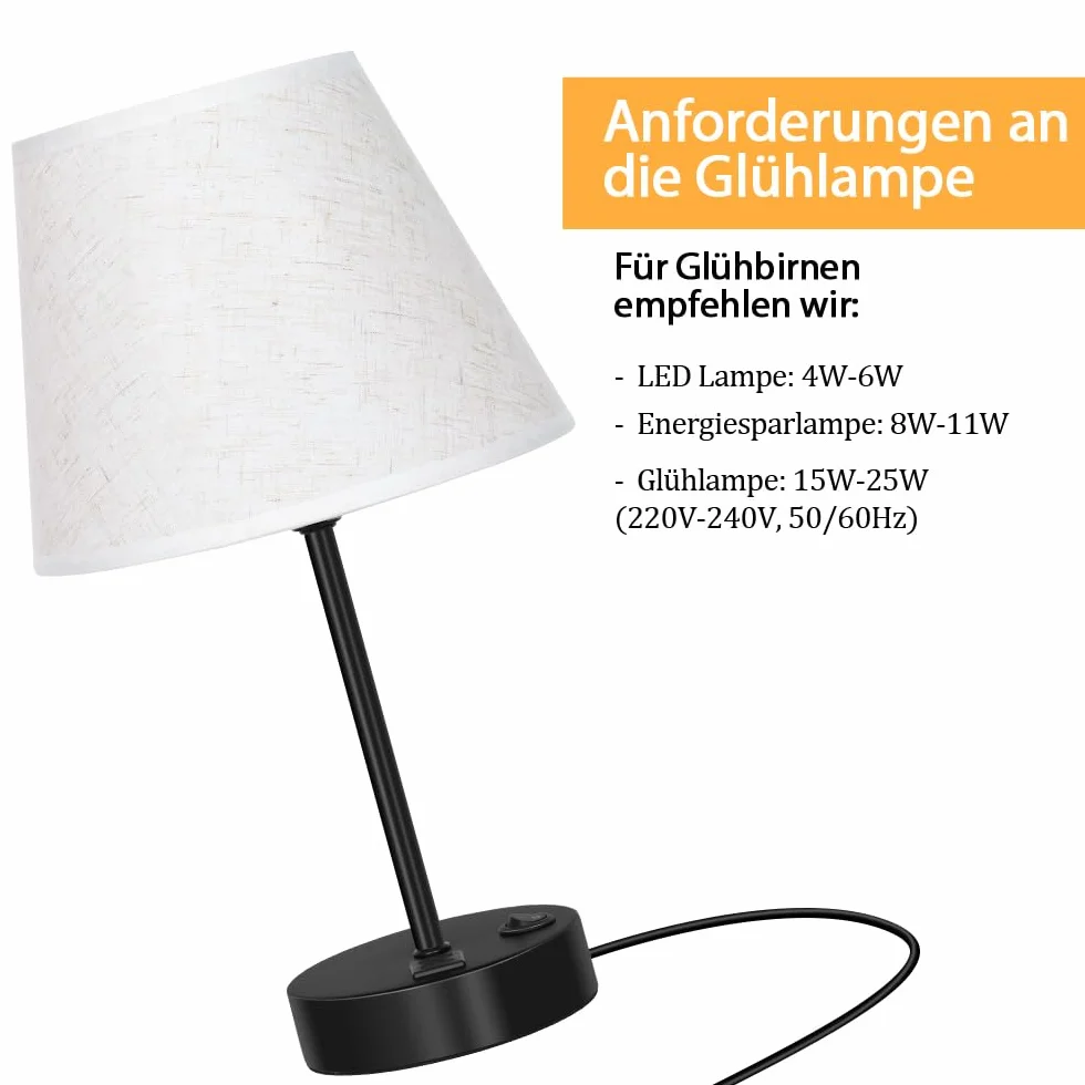 Zestaw 2 lamp nocnych LIANTRAL z 2 gniazdami USB, E27, nowoczesna lampa stołowa z metalową podstawą i abażurem z tkaniny, lampka nocna do sypialni, salonu, biura