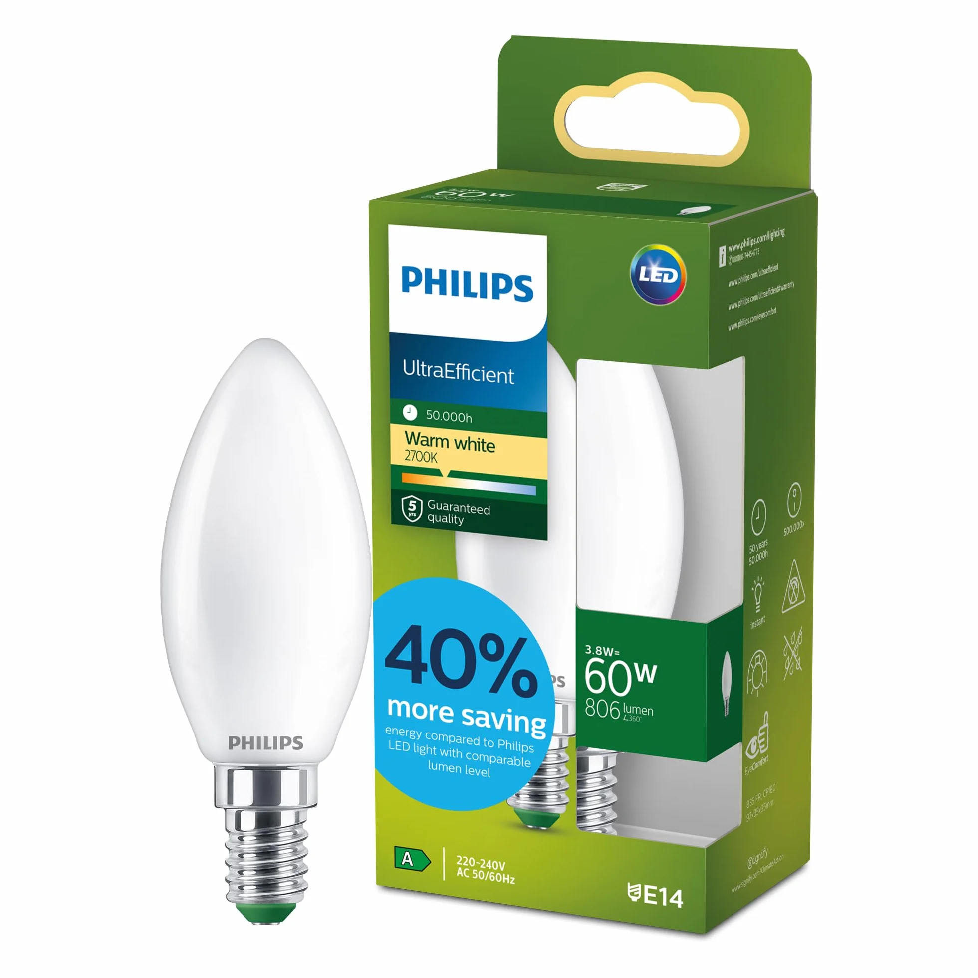 Philips LED UltraEfficient matowa świecowa żarówka B35, trzonek E14, klasa energetyczna A, 806 lm, odpowiednik 60W, ciepła biel (2700K), EyeComfort, 50 000 godzin, 1 szt.